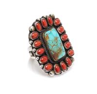 A Sterling Silver, Turquoise and Coral Ring, Calvin Martinez, Navajo, 12.90 dwts.