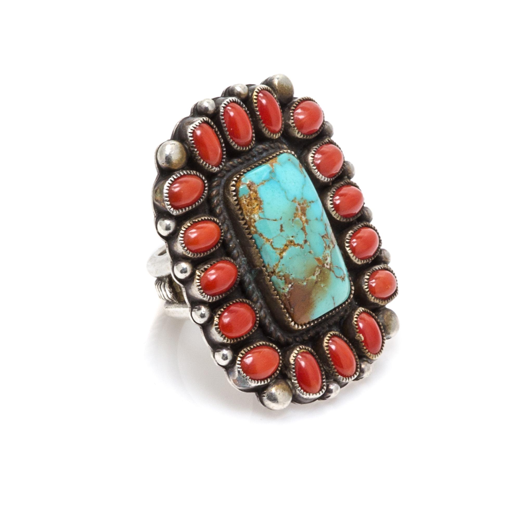 A Sterling Silver, Turquoise and Coral Ring, Calvin Martinez, Navajo, 12.90 dwts.