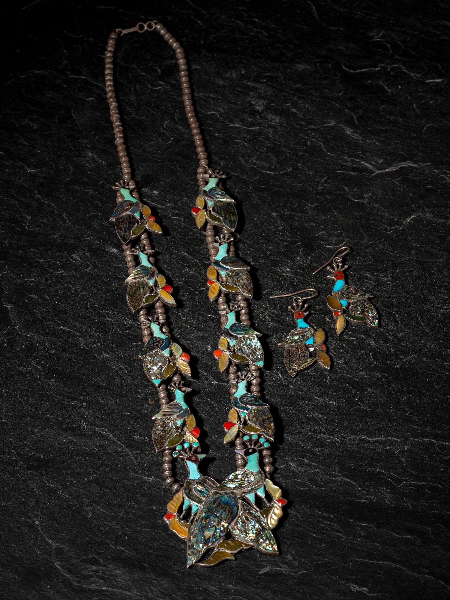 Mosaic Inlay Peacock Squash Blossom Necklace, PLUS Hook Earrings