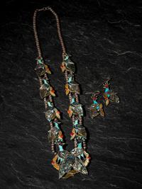 Mosaic Inlay Peacock Squash Blossom Necklace, PLUS Hook Earrings