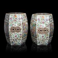 A Pair of Chinese Canton Famille Rose Porcelain Hexagonal Garden Stools, 19th Century — 清晚期 廣彩人物故事圖六方瓷坐墩