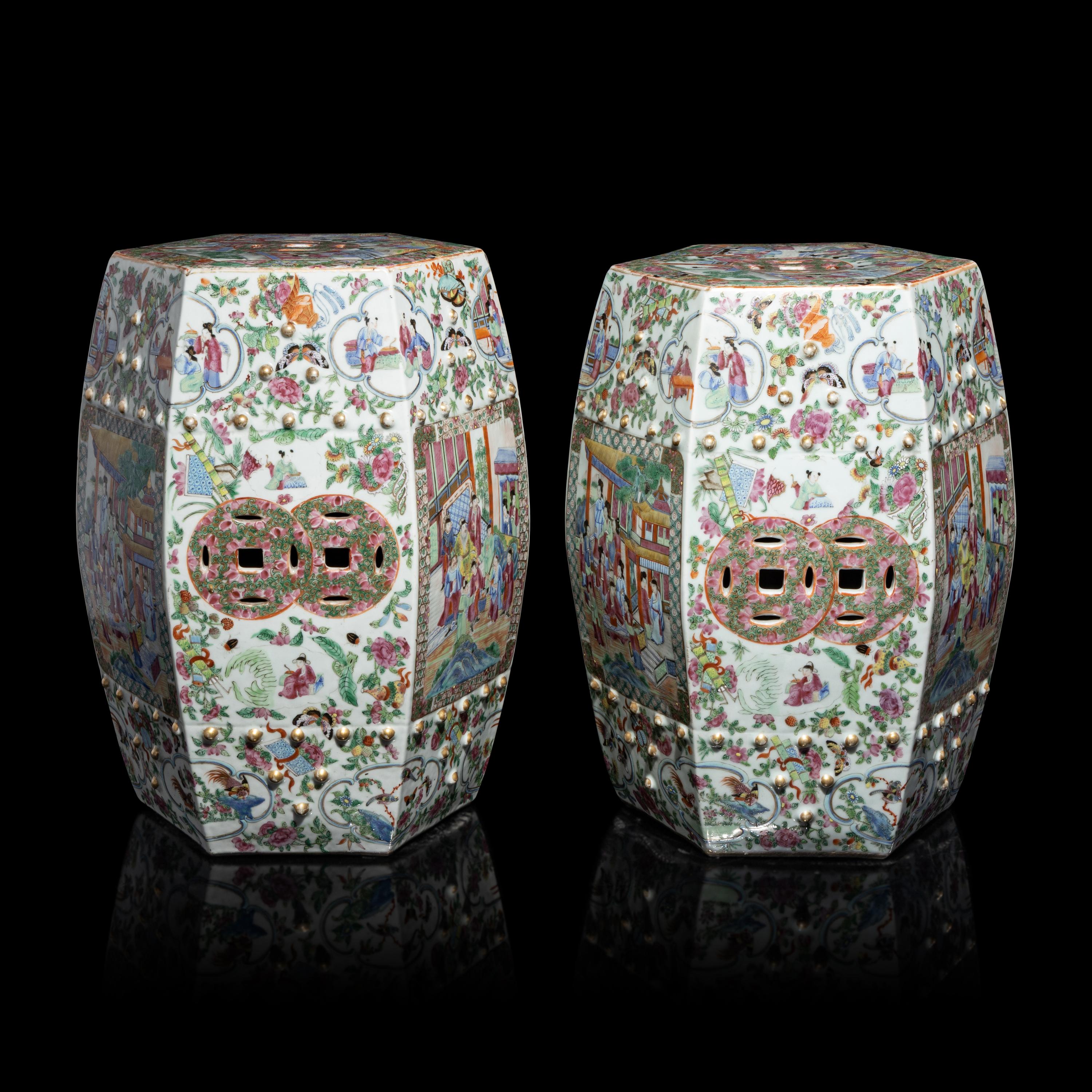 A Pair of Chinese Canton Famille Rose Porcelain Hexagonal Garden Stools, 19th Century — 清晚期 廣彩人物故事圖六方瓷坐墩