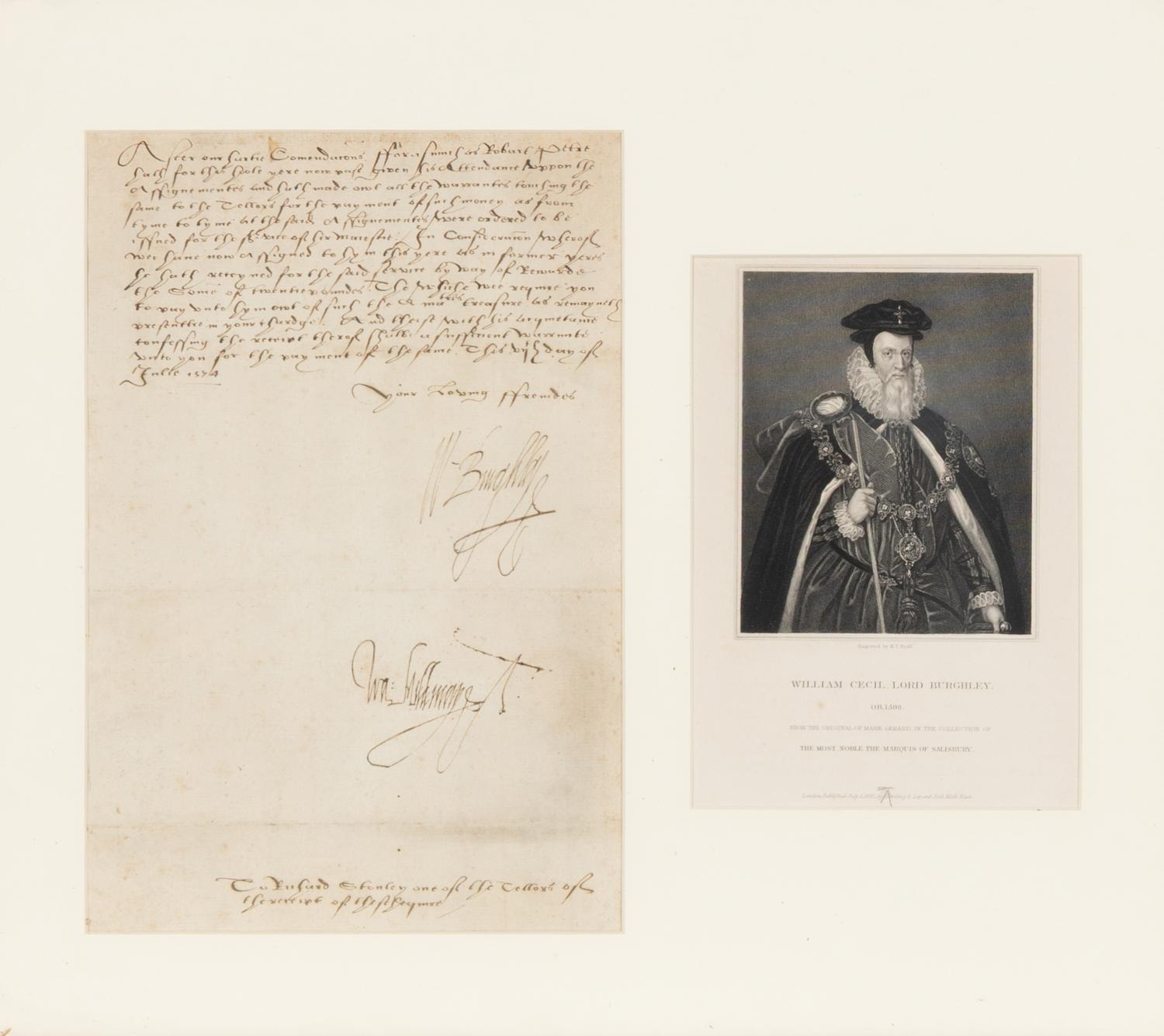 Cecil, William, 1st Baron Burghley (1520-1598). Autograph document signed ("W. Burghley") as Lord High Treasurer to unknown recipient, possibly relating to a debt. [London], July 1574.