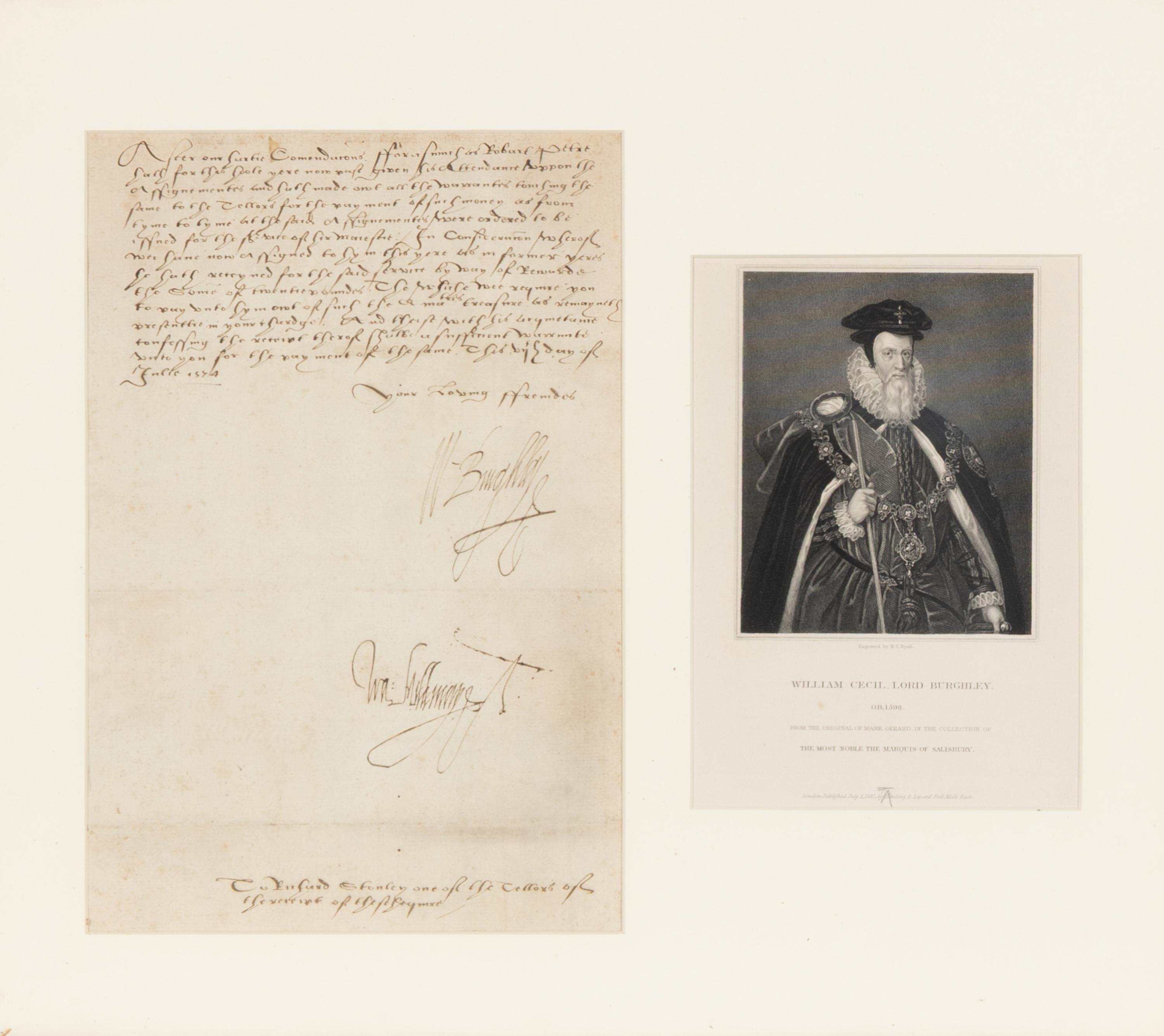 Cecil, William, 1st Baron Burghley (1520-1598). Autograph document signed ("W. Burghley") as Lord High Treasurer to unknown recipient, possibly relating to a debt. [London], July 1574.