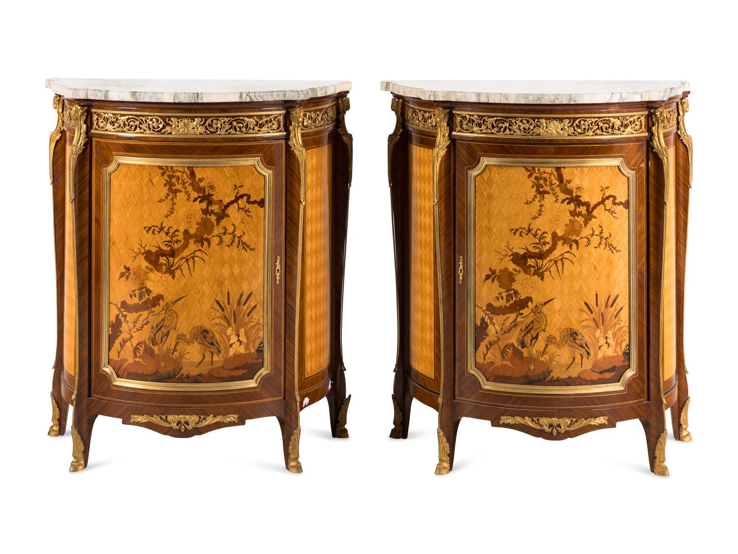 A Pair of Louis XV Style Gilt Bronze Mounted Marquetry Marble-Top Cabinets