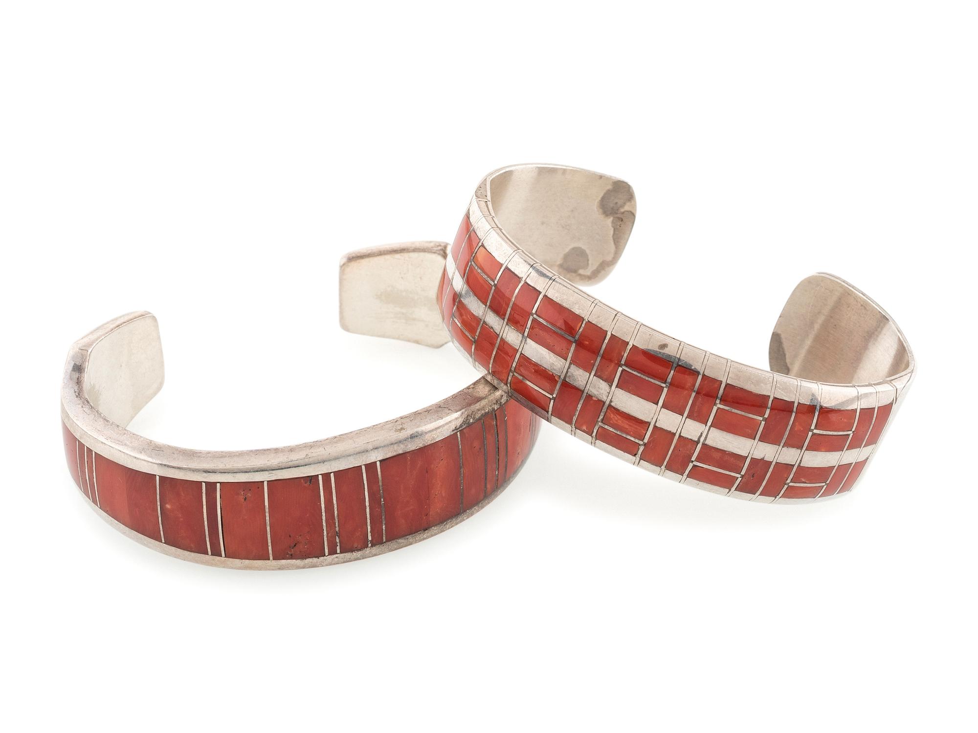 Zuni and Apache Silver and Channel Inlay Coral Cuff Bracelets