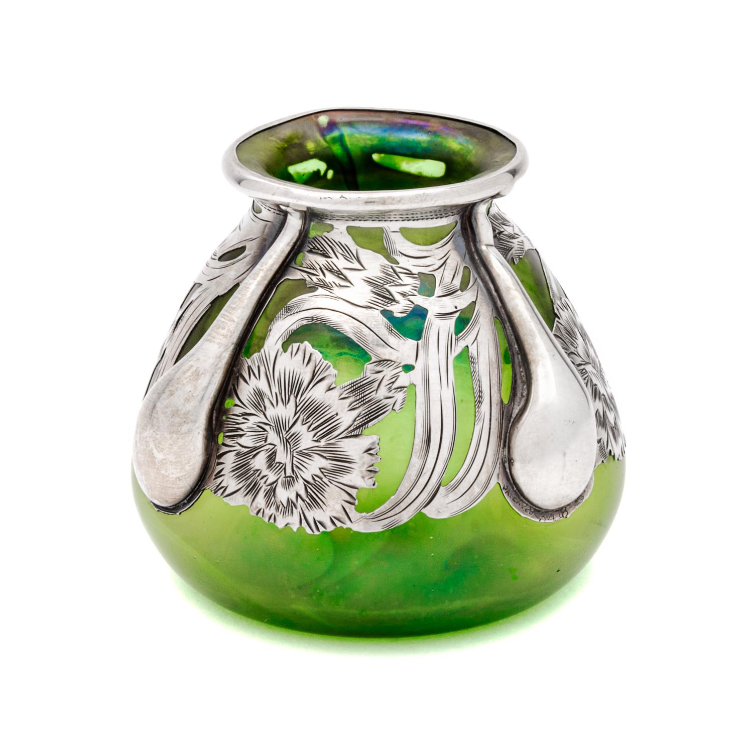 An Iridescent Silver Overlay Glass Vase, likely Loetz Height 2 3/4 inches.