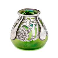 An Iridescent Silver Overlay Glass Vase, likely Loetz Height 2 3/4 inches.