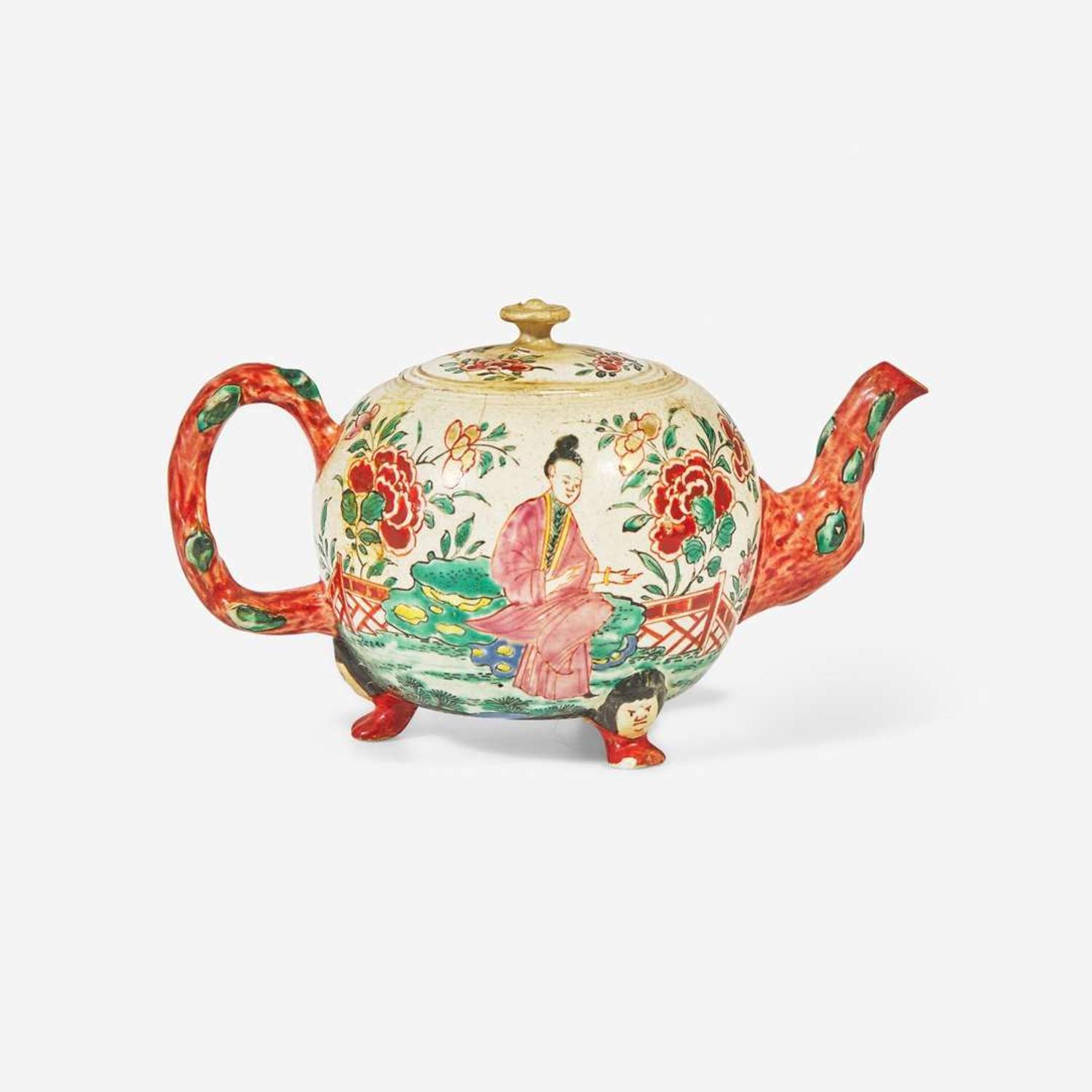 A salt-glazed stoneware teapot with Chinoiserie decoration circa 1760