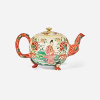 A salt-glazed stoneware teapot with Chinoiserie decoration circa 1760