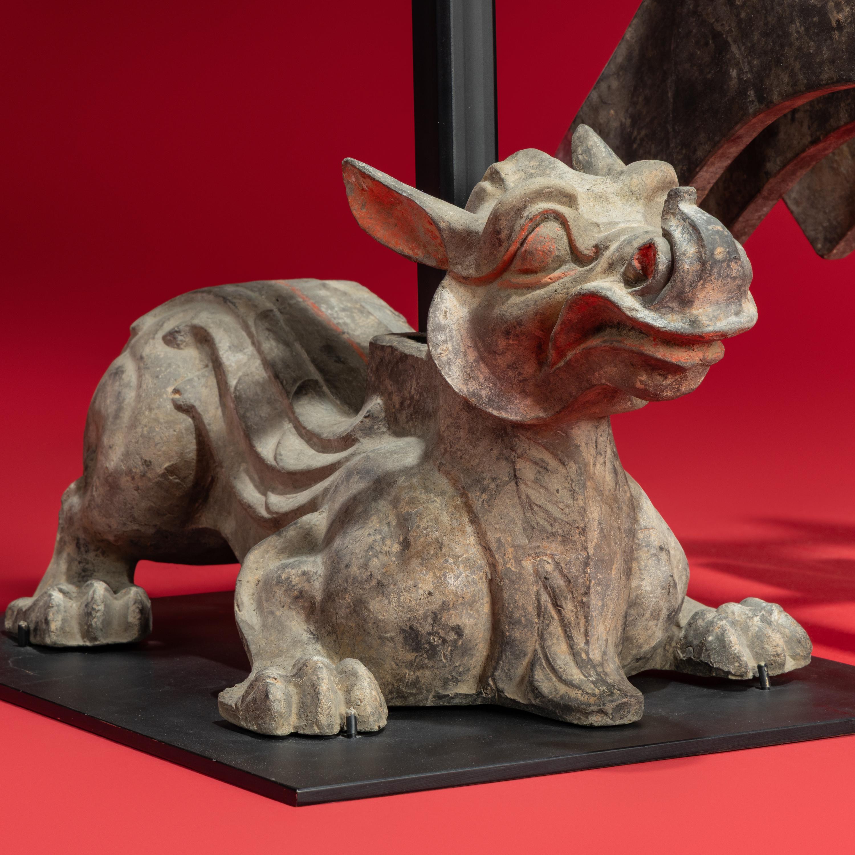 A Rare Chinese Painted Earthenware Chimera and Chimes Set, Qing and Bixie, Western Han Dynasty — 西漢 灰陶編磬一組連辟邪座