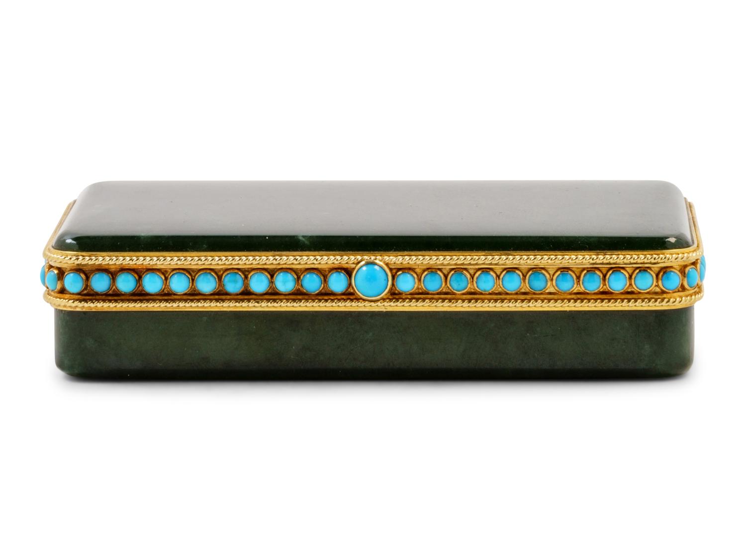 A Tiffany & Co. Carved Nephrite, Yellow-Gold and Turquoise Mounted Snuff Box