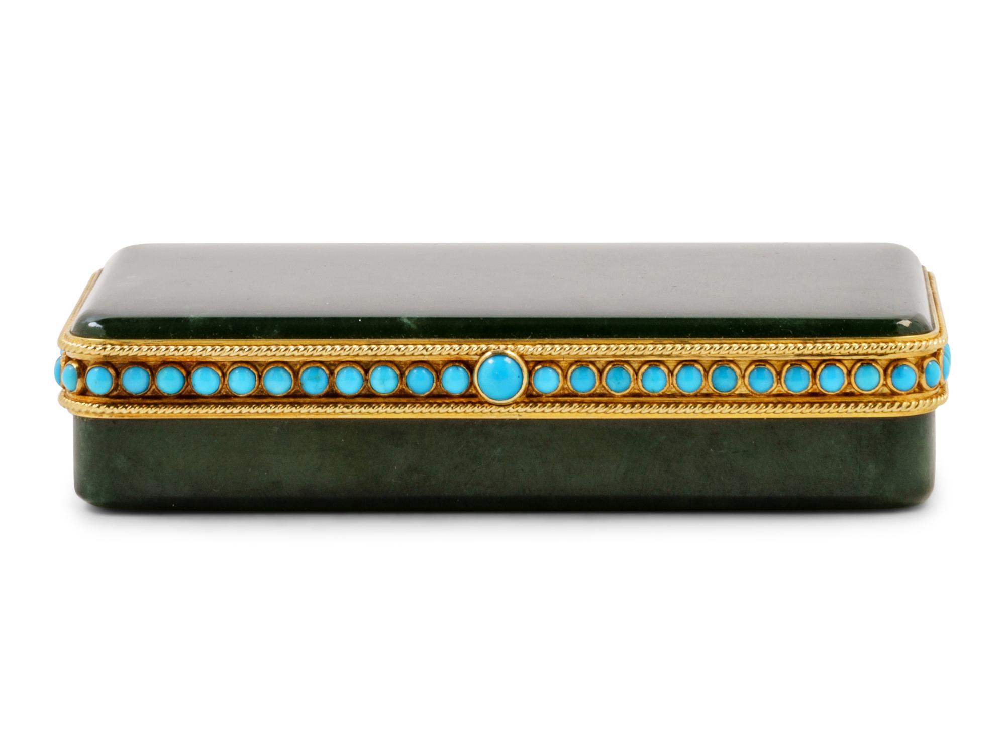 A Tiffany & Co. Carved Nephrite, Yellow-Gold and Turquoise Mounted Snuff Box