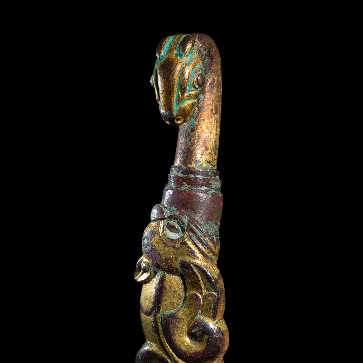 Two Chinese Gilt Bronze Belt Hooks, Warring States-Han Dynasty 戰國-漢 銅鎏金龍鳳帶鉤及鳥首帶鉤