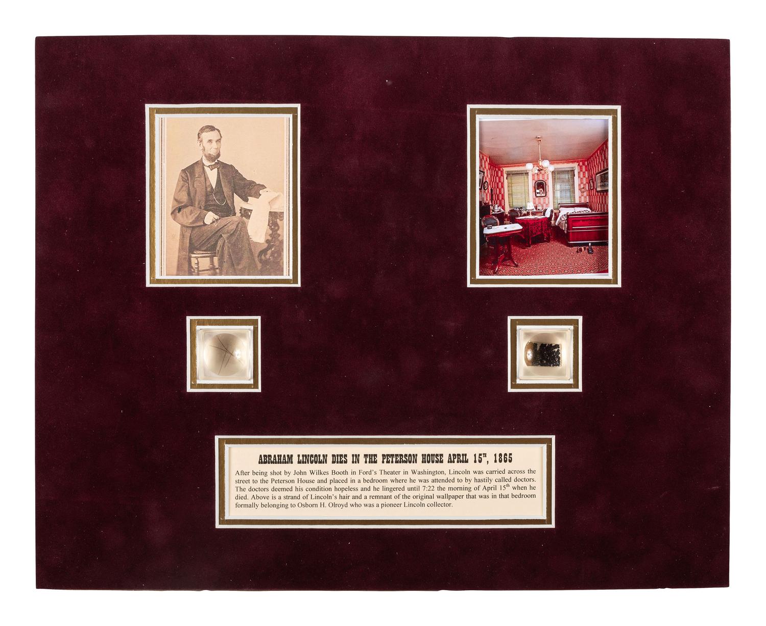 [LINCOLN, Abraham (1809-1865)]. Lincoln relics incl. strands of hair, wallpaper, and wood fragments.