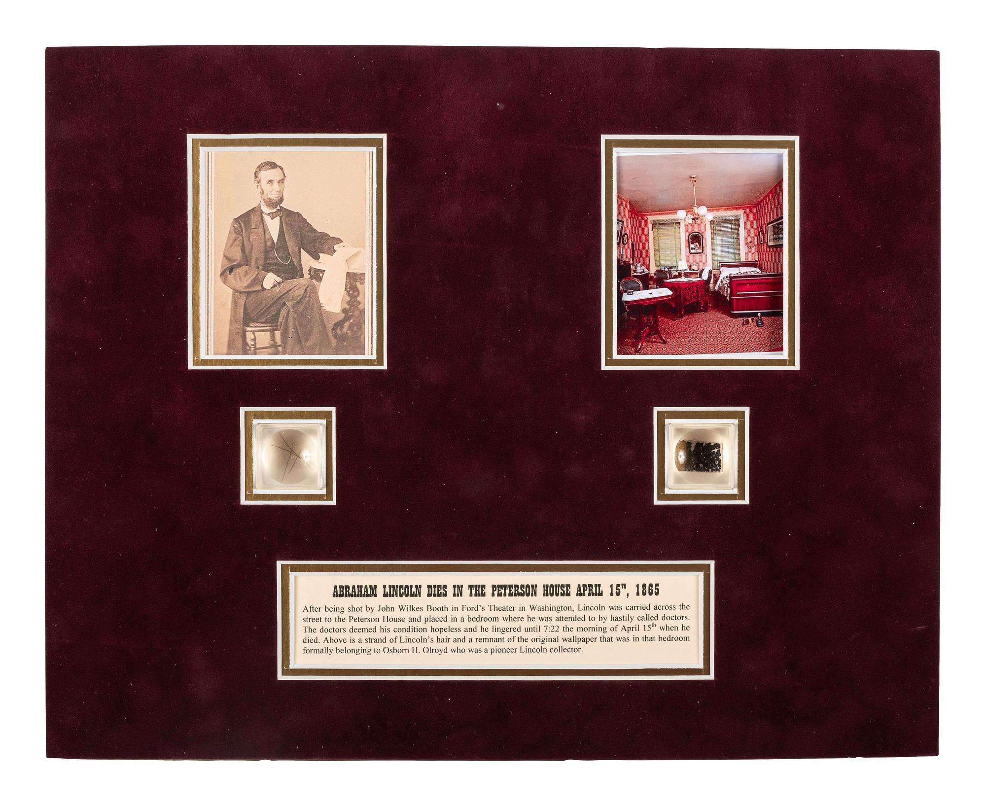 [LINCOLN, Abraham (1809-1865)]. Lincoln relics incl. strands of hair, wallpaper, and wood fragments.