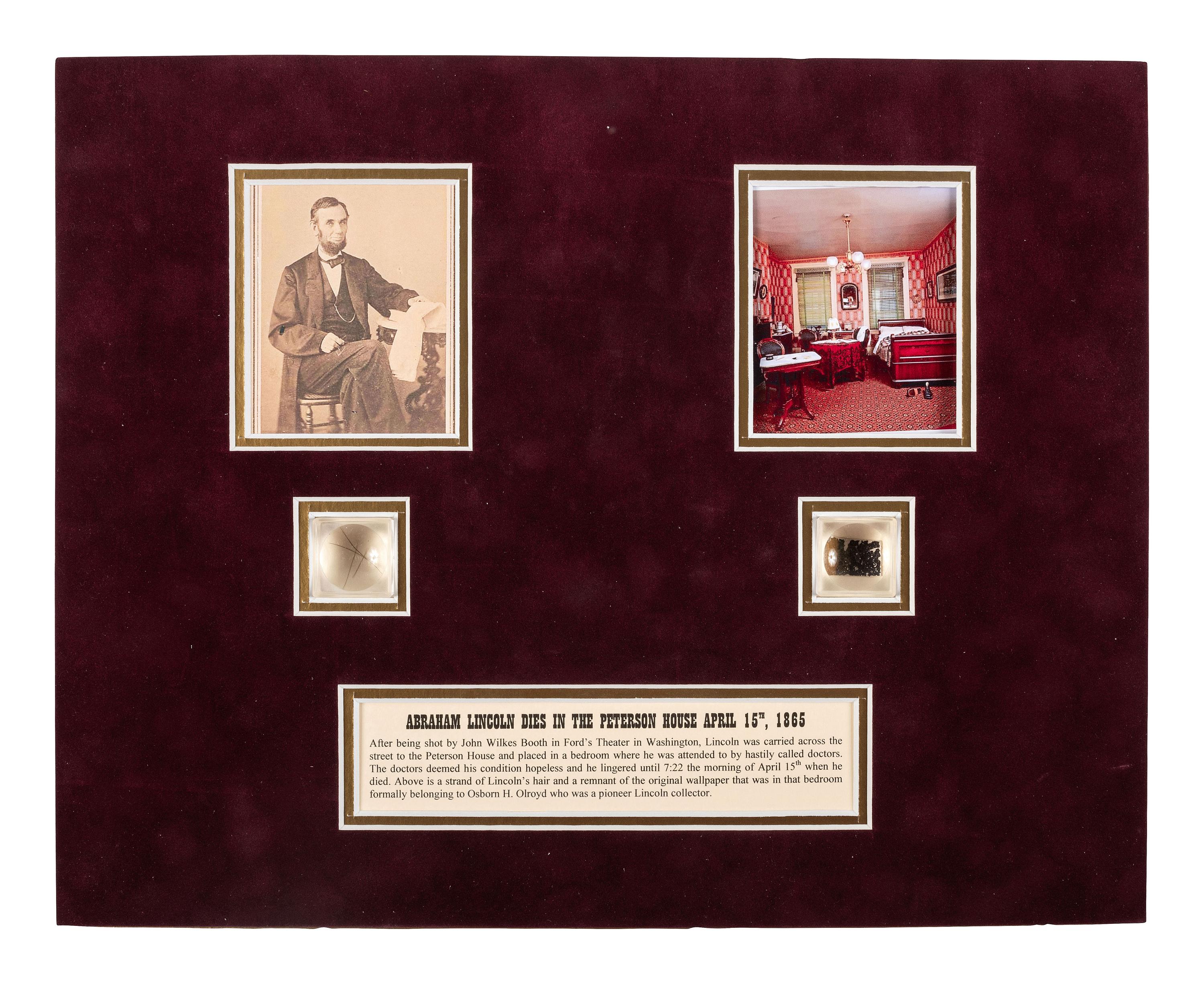 [LINCOLN, Abraham (1809-1865)]. Lincoln relics incl. strands of hair, wallpaper, and wood fragments.