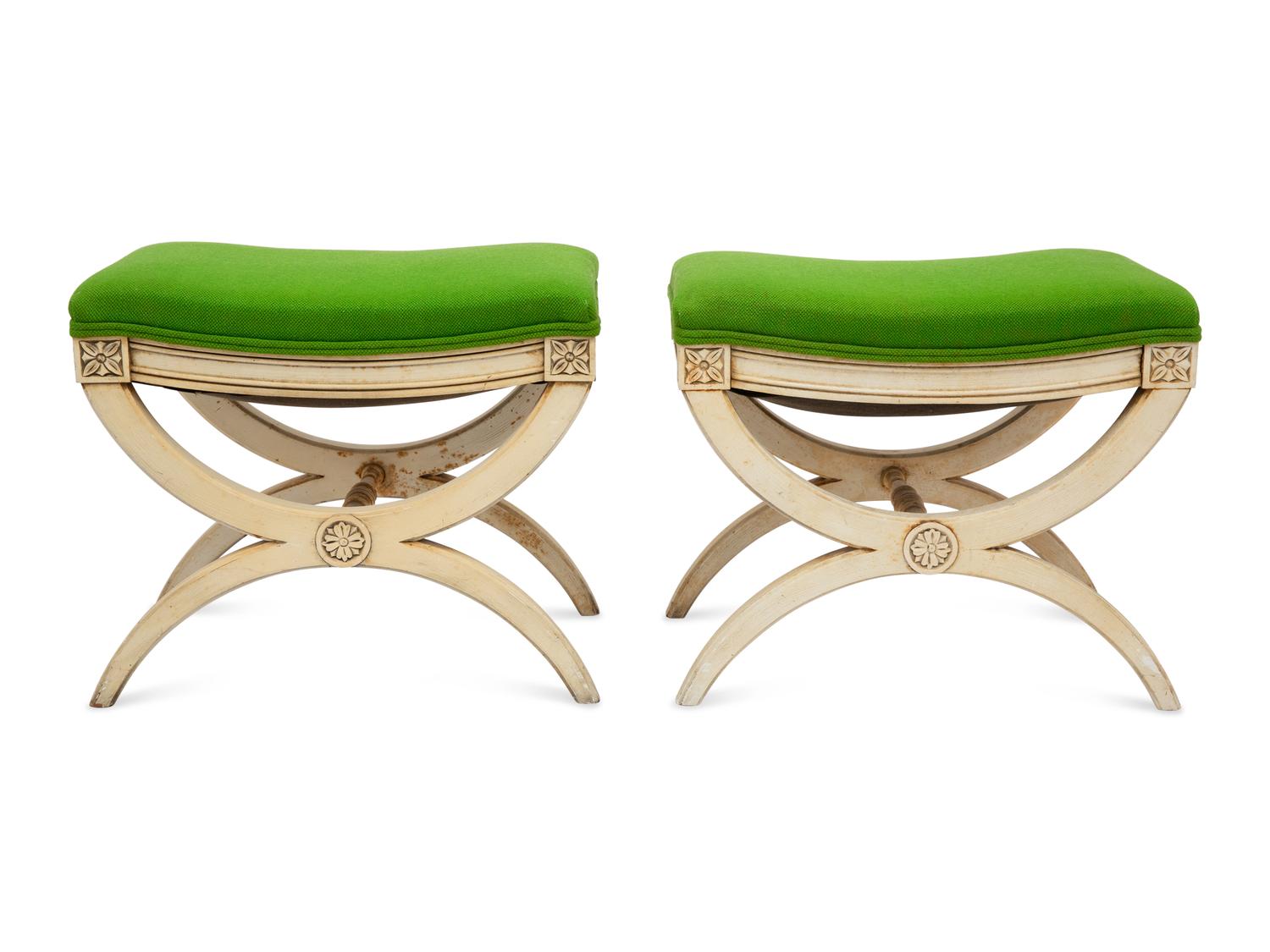 A Pair of Louis XVI Style Cream-Painted Curule Stools