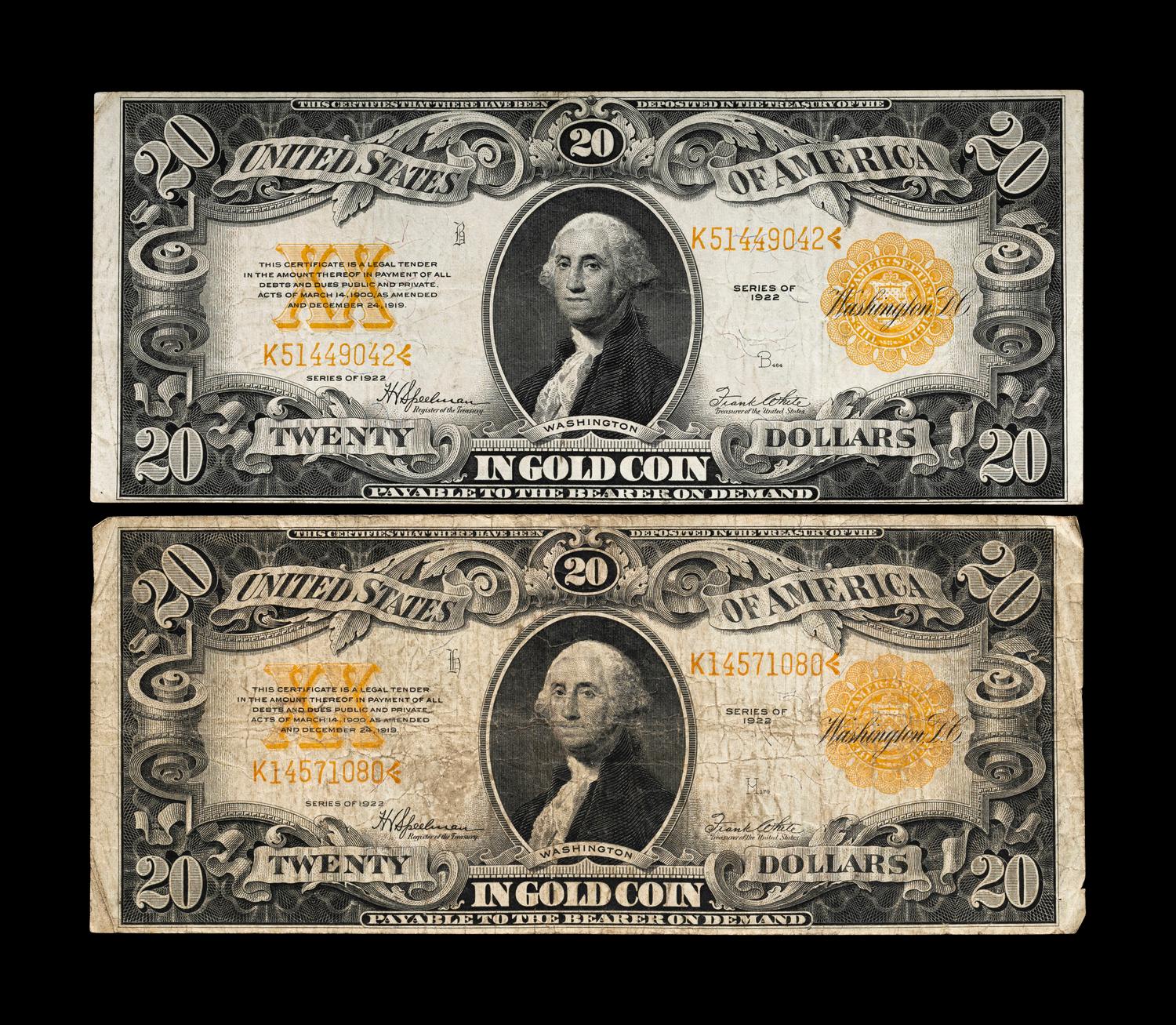 Two Series 1922 $20 Gold Certificates