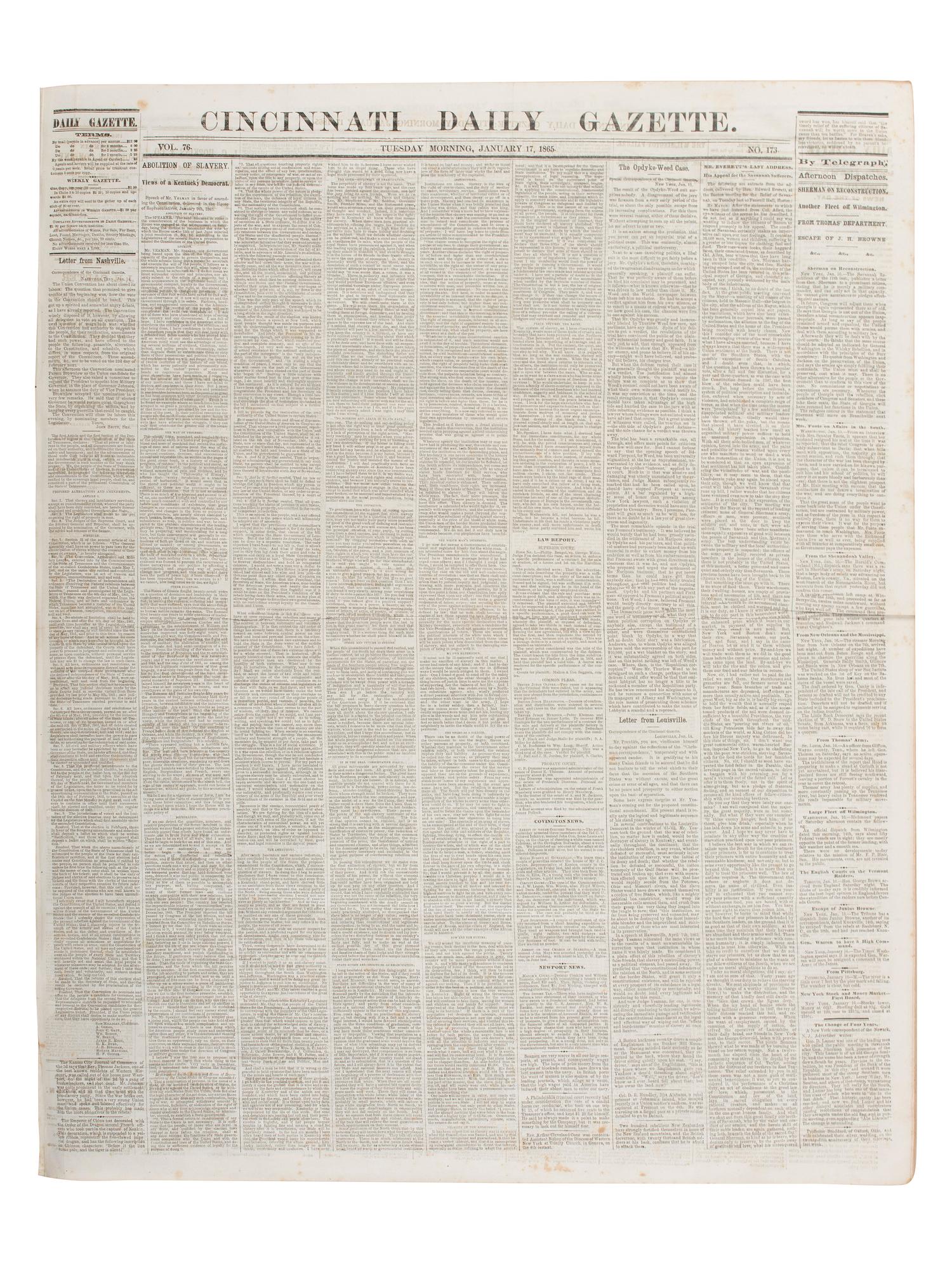 [CIVIL WAR]. Cincinnati Daily Gazette . 318 issues in 2 bound volumes. [ With :] Springfield Weekly Republic . 122 issues. Springfield, OH, 1864-1865. and Lancaster Gazette . 95 issues. Lancaster, OH, 1866-1867.