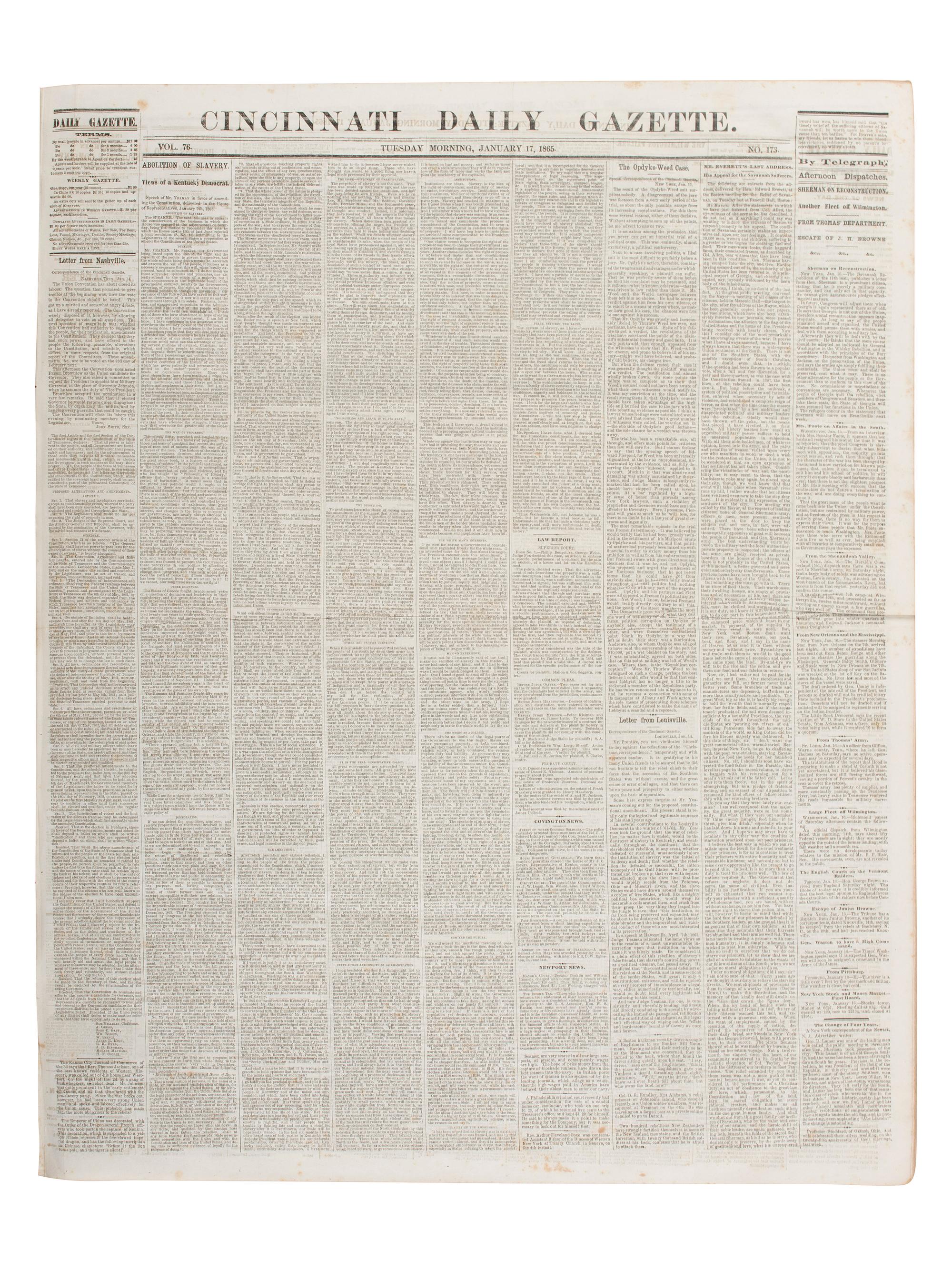 [CIVIL WAR]. Cincinnati Daily Gazette . 318 issues in 2 bound volumes. [ With :] Springfield Weekly Republic . 122 issues. Springfield, OH, 1864-1865. and Lancaster Gazette . 95 issues. Lancaster, OH, 1866-1867.