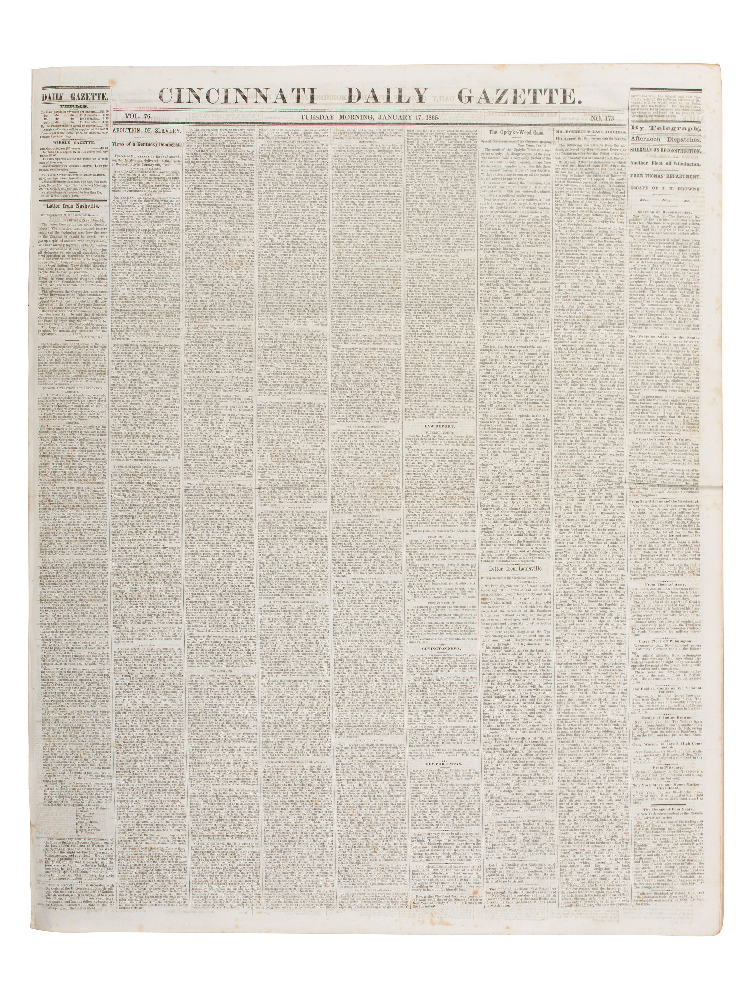 [CIVIL WAR]. Cincinnati Daily Gazette . 318 issues in 2 bound volumes. [ With :] Springfield Weekly Republic . 122 issues. Springfield, OH, 1864-1865. and Lancaster Gazette . 95 issues. Lancaster, OH, 1866-1867.