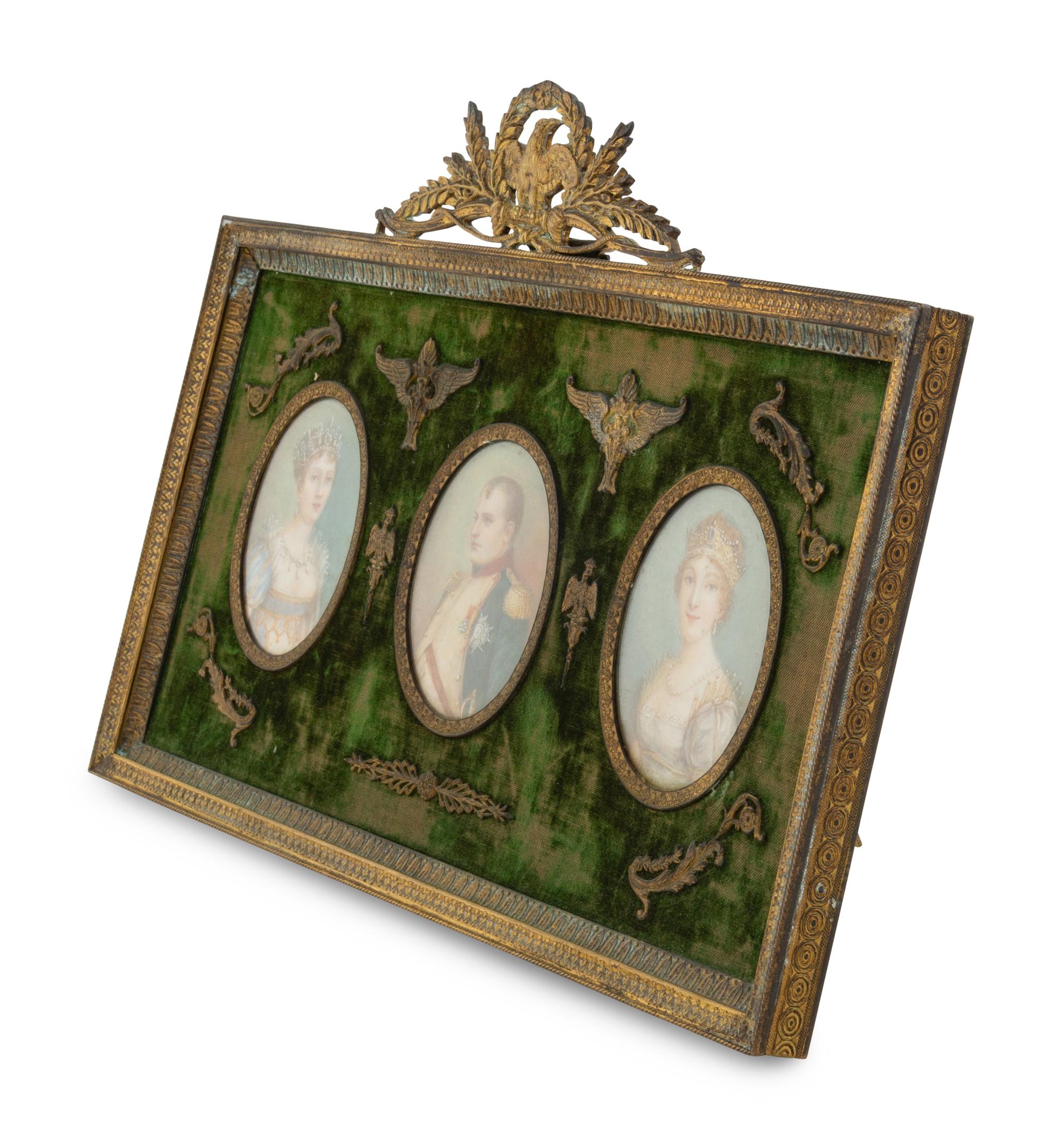 Three Napoleonic Portrait Miniatures in a Gilt Bronze Frame