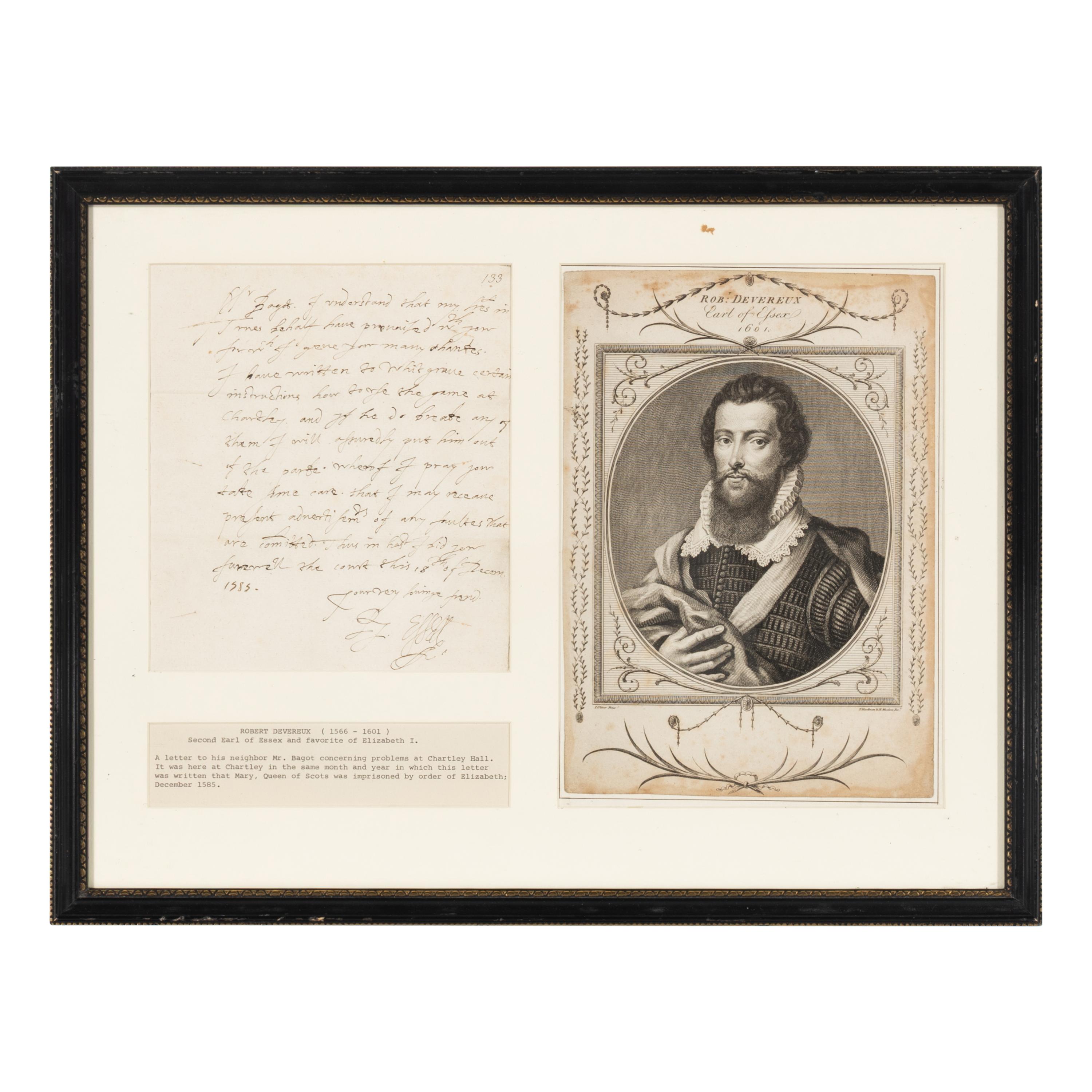 [British Isles] Devereaux, Robert. Autograph letter, signed