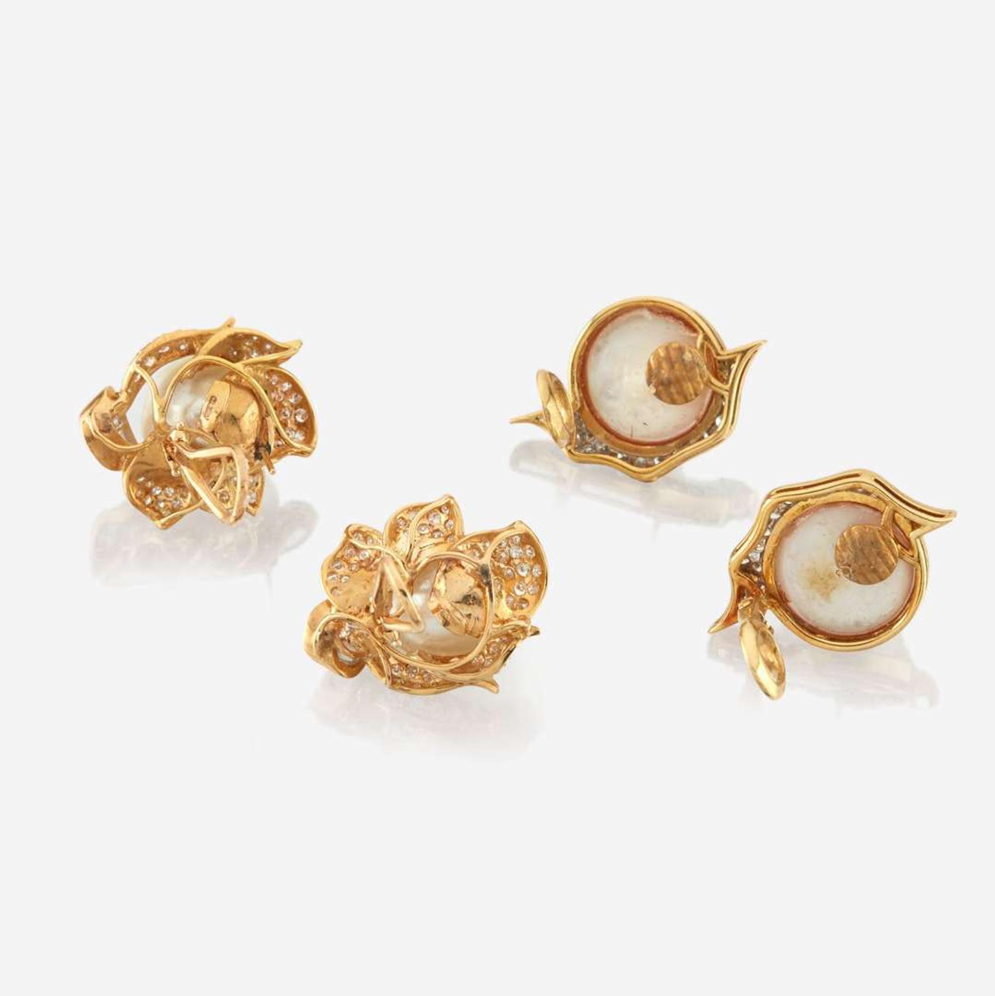Two pairs of cultured pearl, diamond, and gold earrings