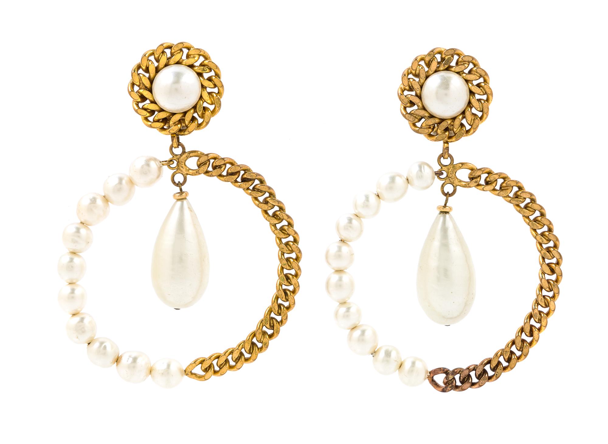 A Pair of Chanel Faux Pearl and Goldtone Hoop Earclips, 3.5" x 2.5".