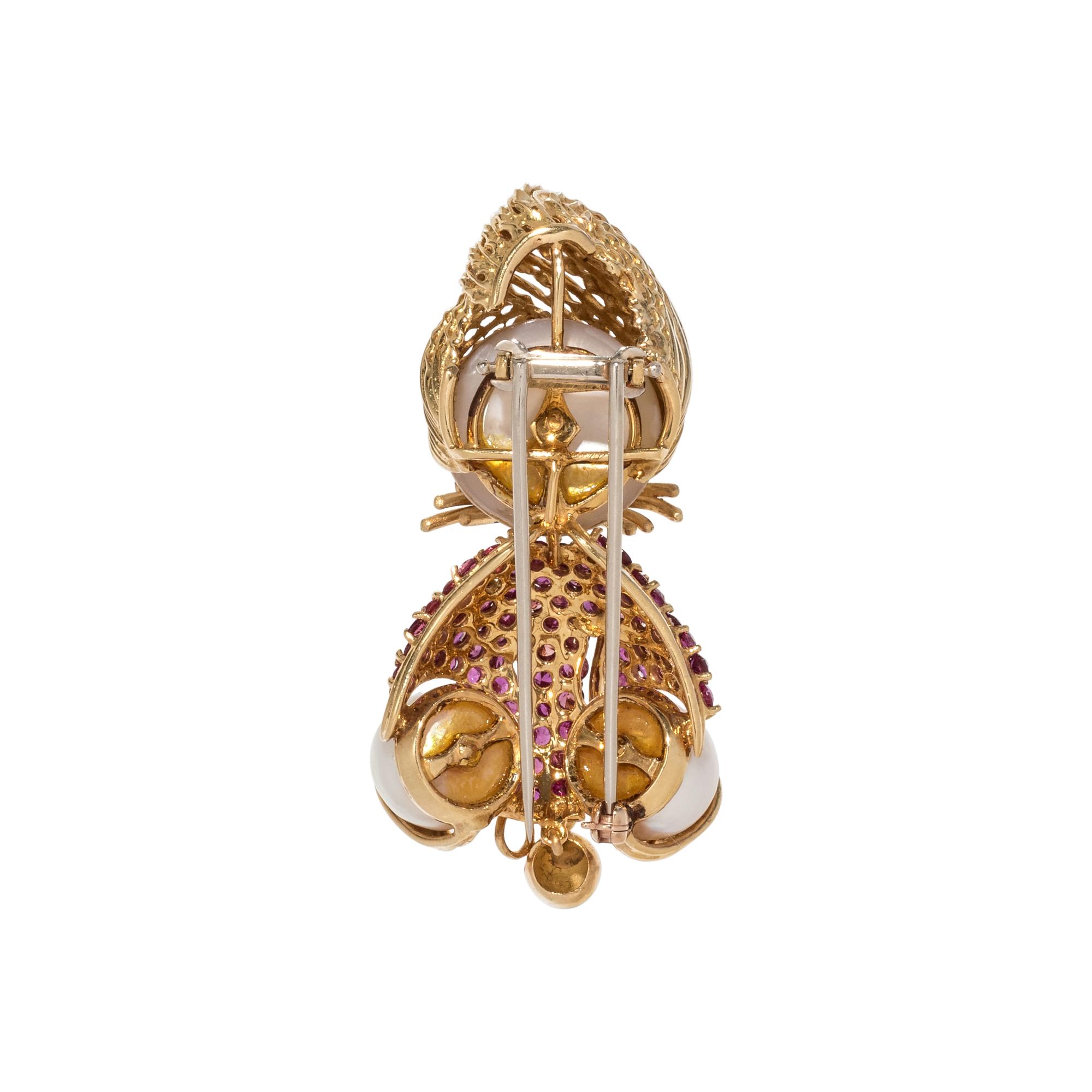 FRENCH, CULTURED MABE PEARL, RUBY AND DIAMOND SULTAN BROOCH