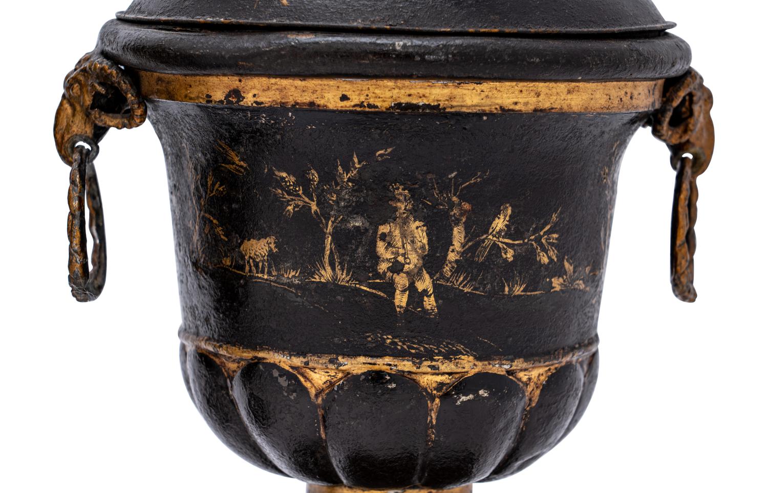 A Pair of Late George III Painted Tôle Urns