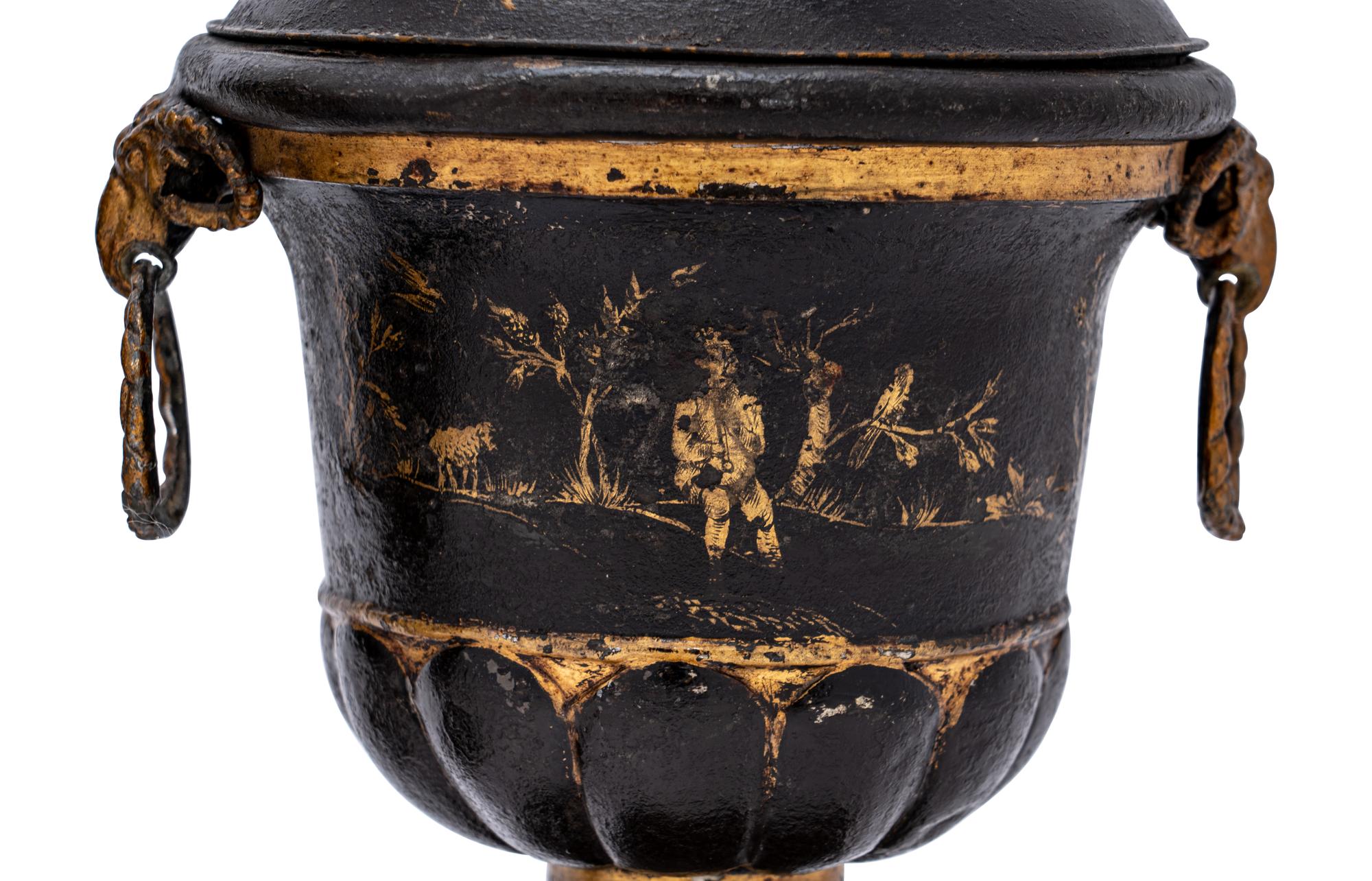 A Pair of Late George III Painted Tôle Urns