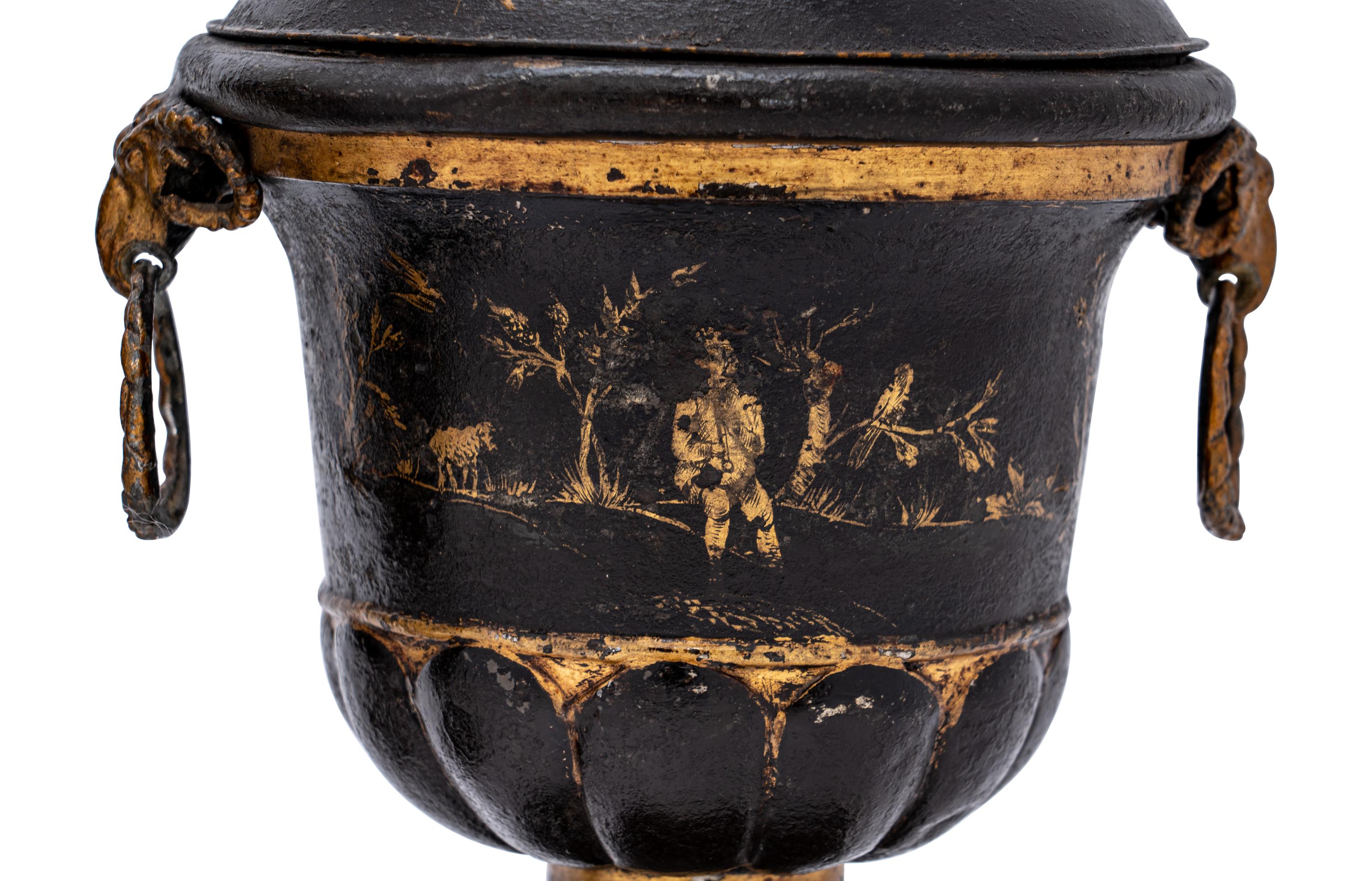 A Pair of Late George III Painted Tôle Urns