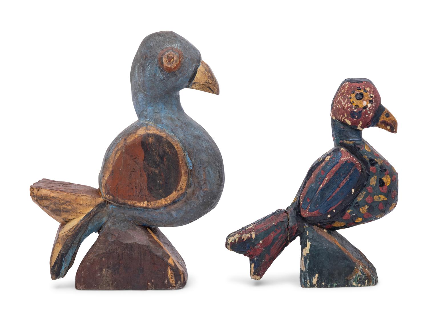 A Pair of Carved and Polychrome Painted Wooden Birds