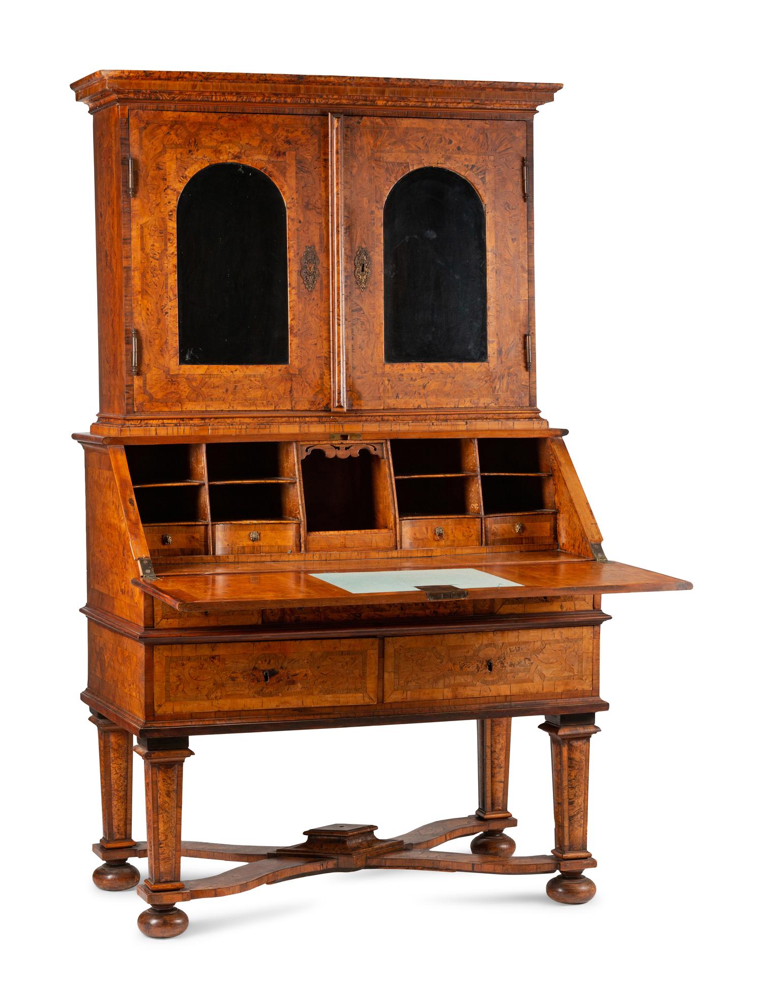 A German or Austrian Burl Walnut and Marquetry Slant-Front Bureau Bookcase