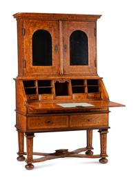 A German or Austrian Burl Walnut and Marquetry Slant-Front Bureau Bookcase