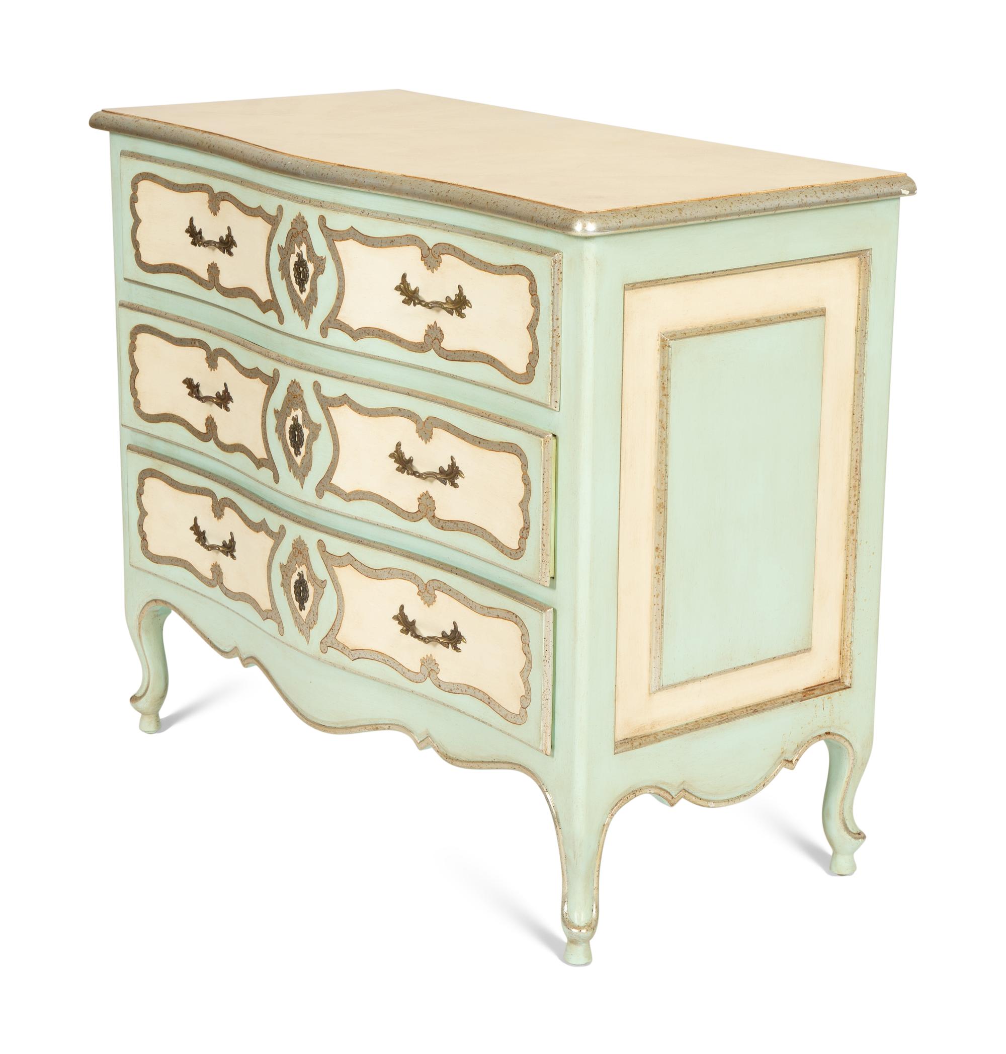 A Pair of Louis XV Style Painted and Silver Gilt Commodes with Faux Marble Tops