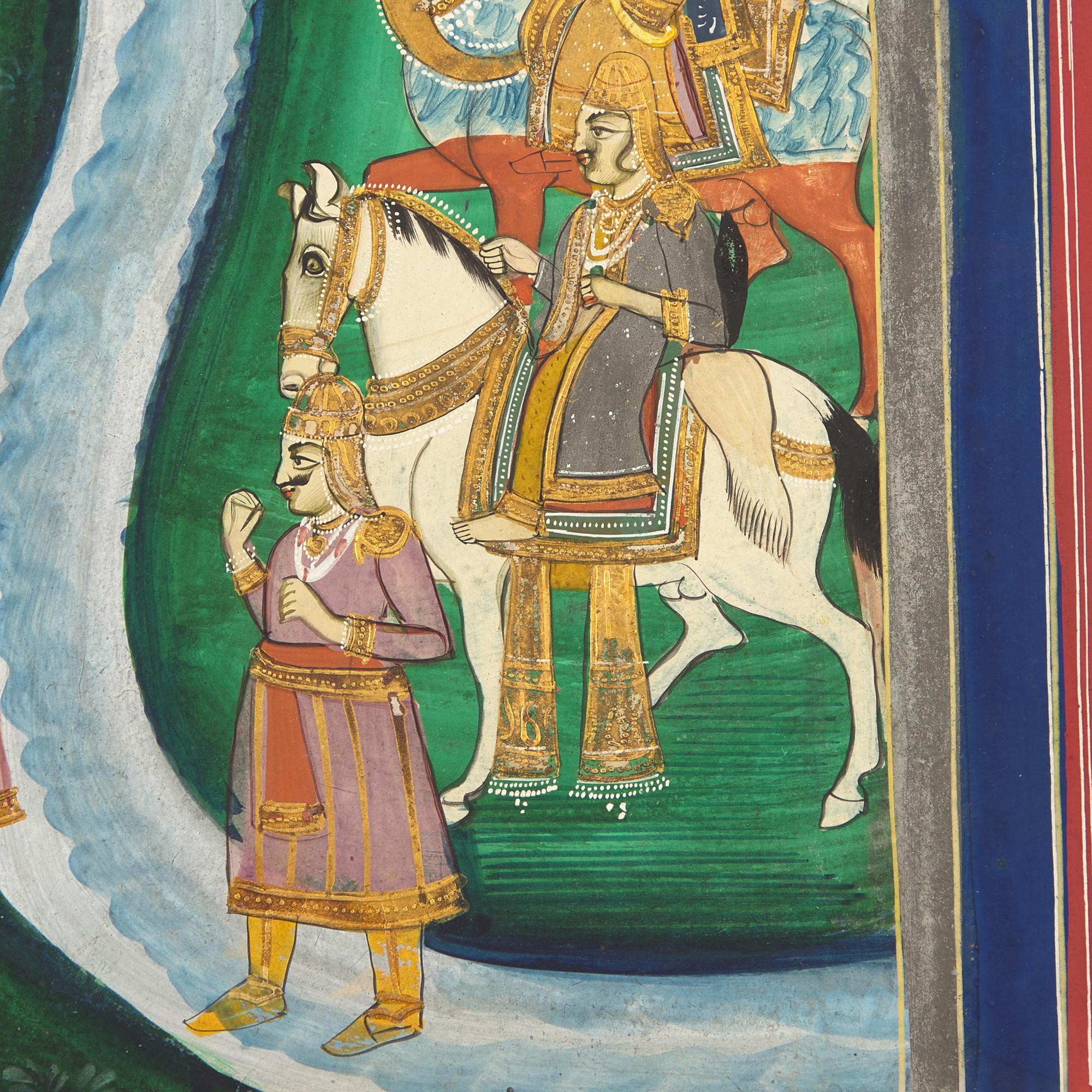 A Painting of Flanking Equestrian Figures on Either Side of a Meandering River, Rajasthan, Bazaar Workshop, Late 19th/20th Century