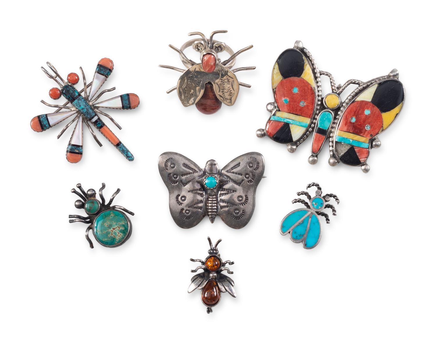 Navajo and Zuni Silver Bug Jewelry, with Inlay