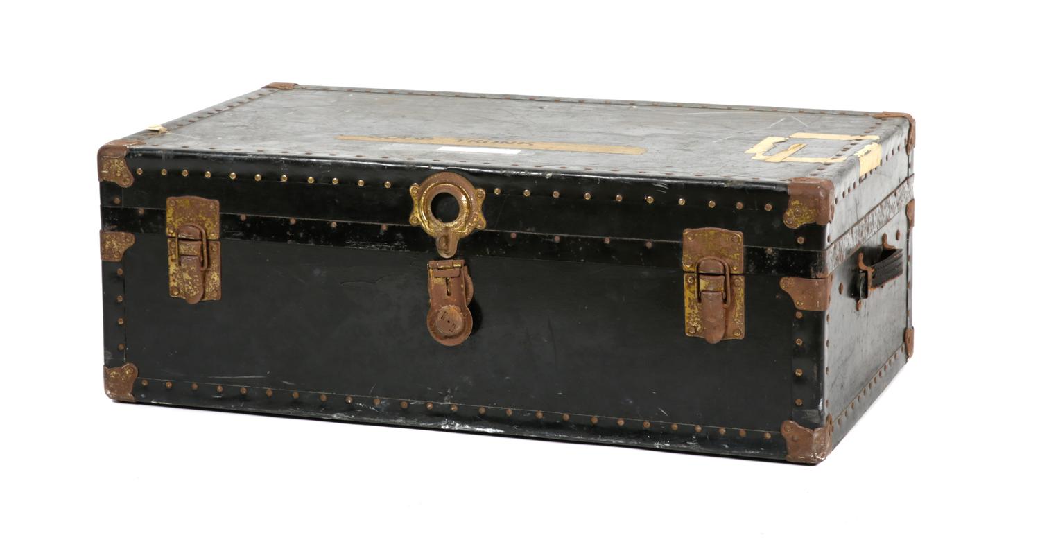 A Black Metal Steamer Trunk Height 12 1/2 inches x width 36 inches x depth 21 7/8 inches.