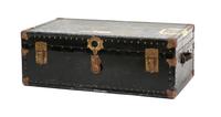 A Black Metal Steamer Trunk Height 12 1/2 inches x width 36 inches x depth 21 7/8 inches.