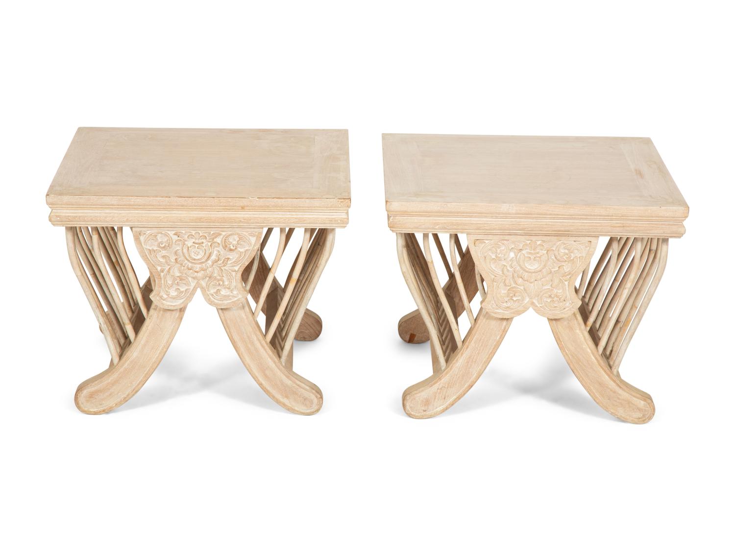 A Pair of Balinese Carved and Cerused Side Tables