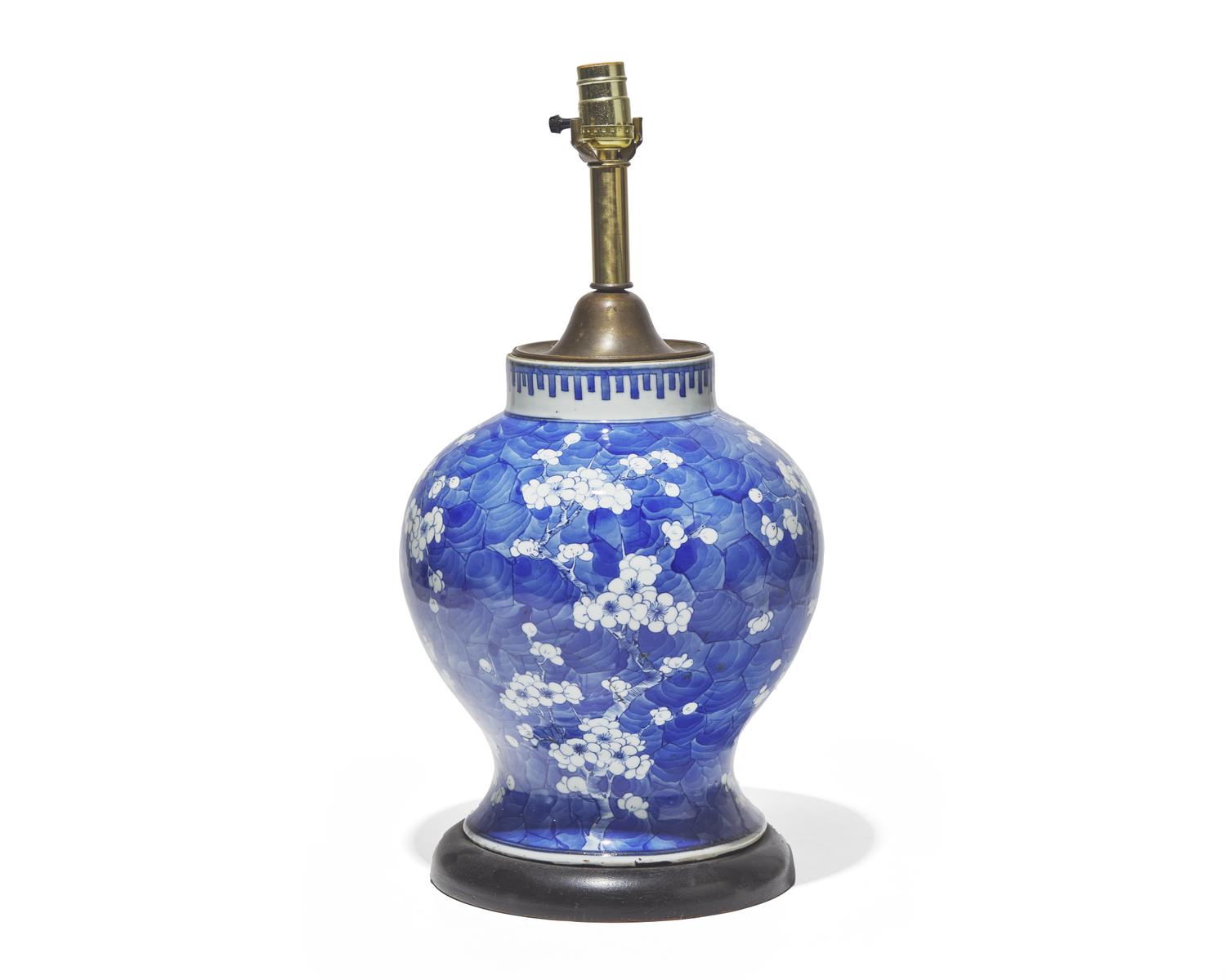 A Chinese Export porcelain blue and white baluster vase mounted as a lamp, the vase circa 1875-1900