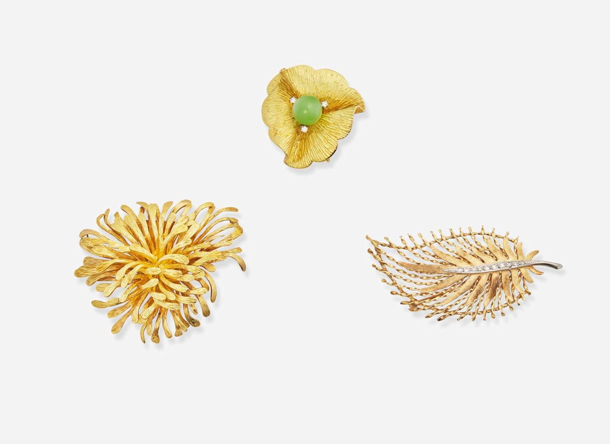 A Group of Three Yellow Gold Retro Brooches