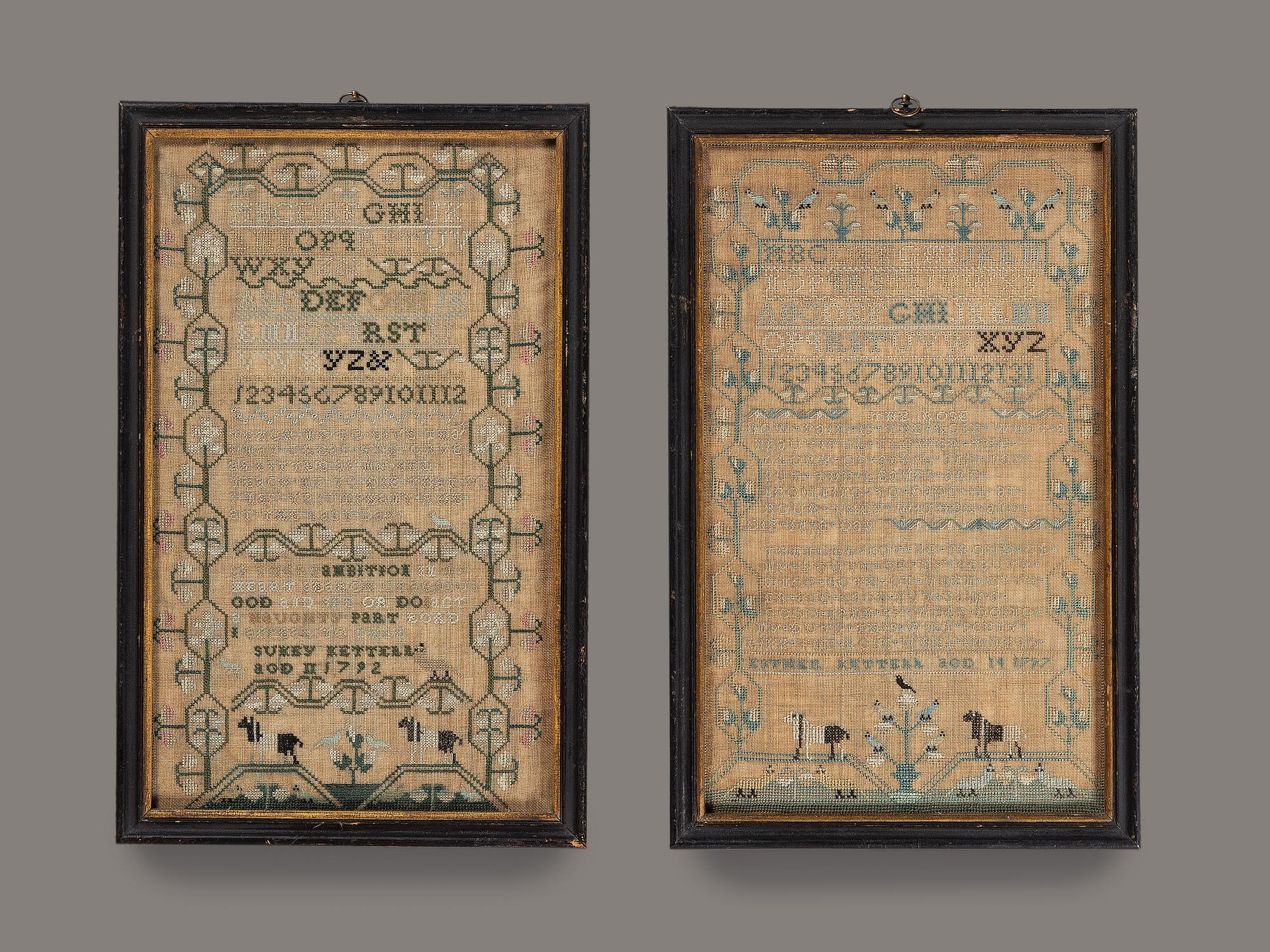 A Pair of Needlework Embroidered Schoolgirls' Samplers, Wrought by the Kettell Sisters, Sukey and Esther