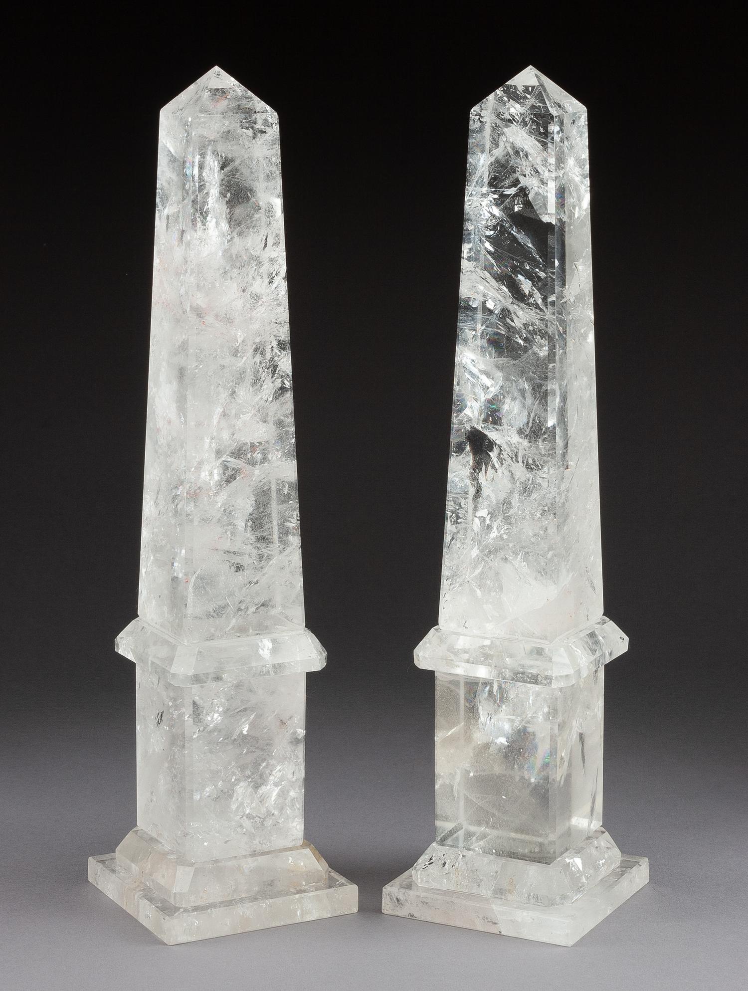 A Pair of Rock Crystal Obelisks Height 13 inches.