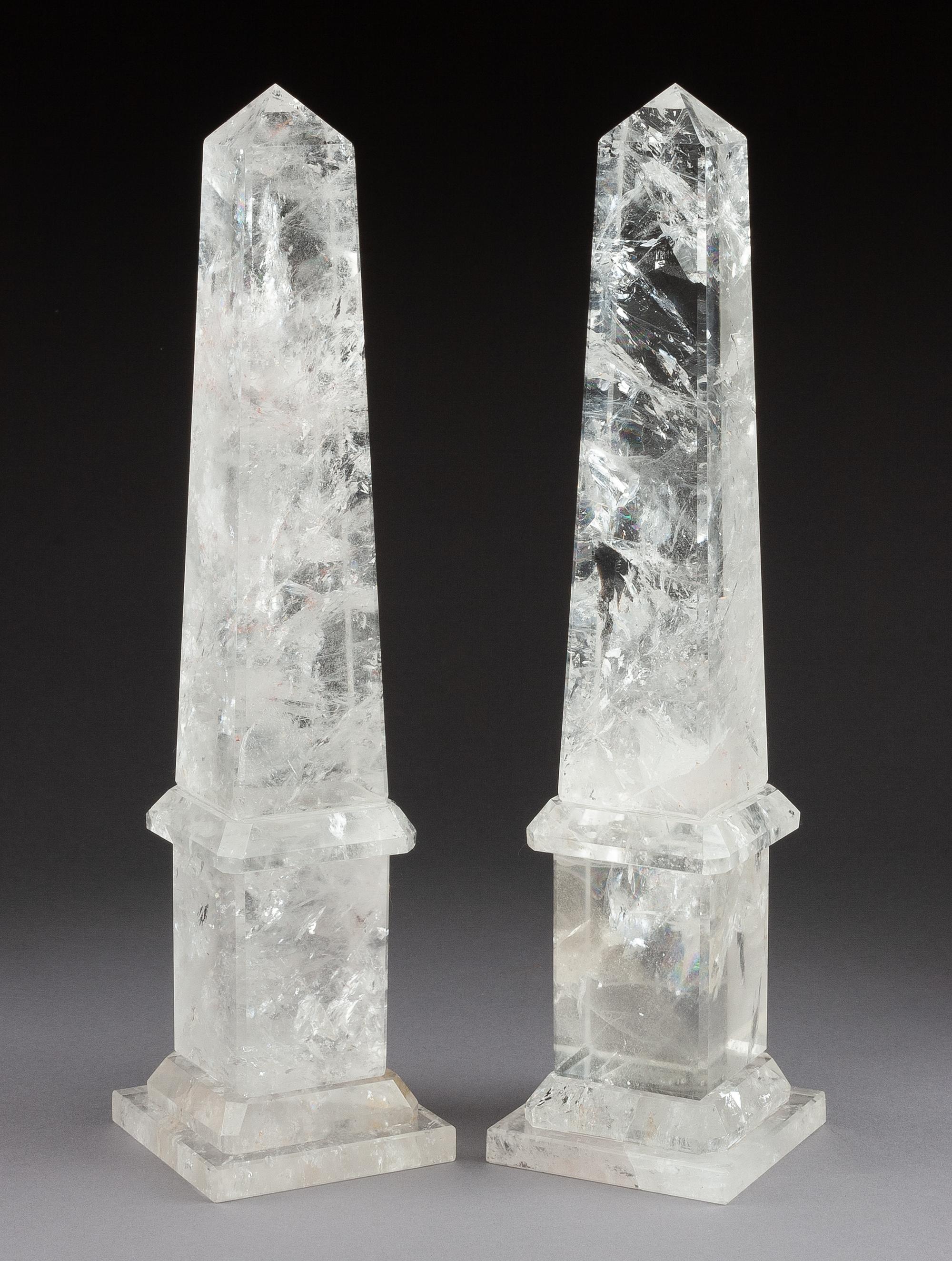 A Pair of Rock Crystal Obelisks Height 13 inches.