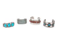 Navajo and Zuni Silver, Turquoise, and Coral Cuff Bracelets