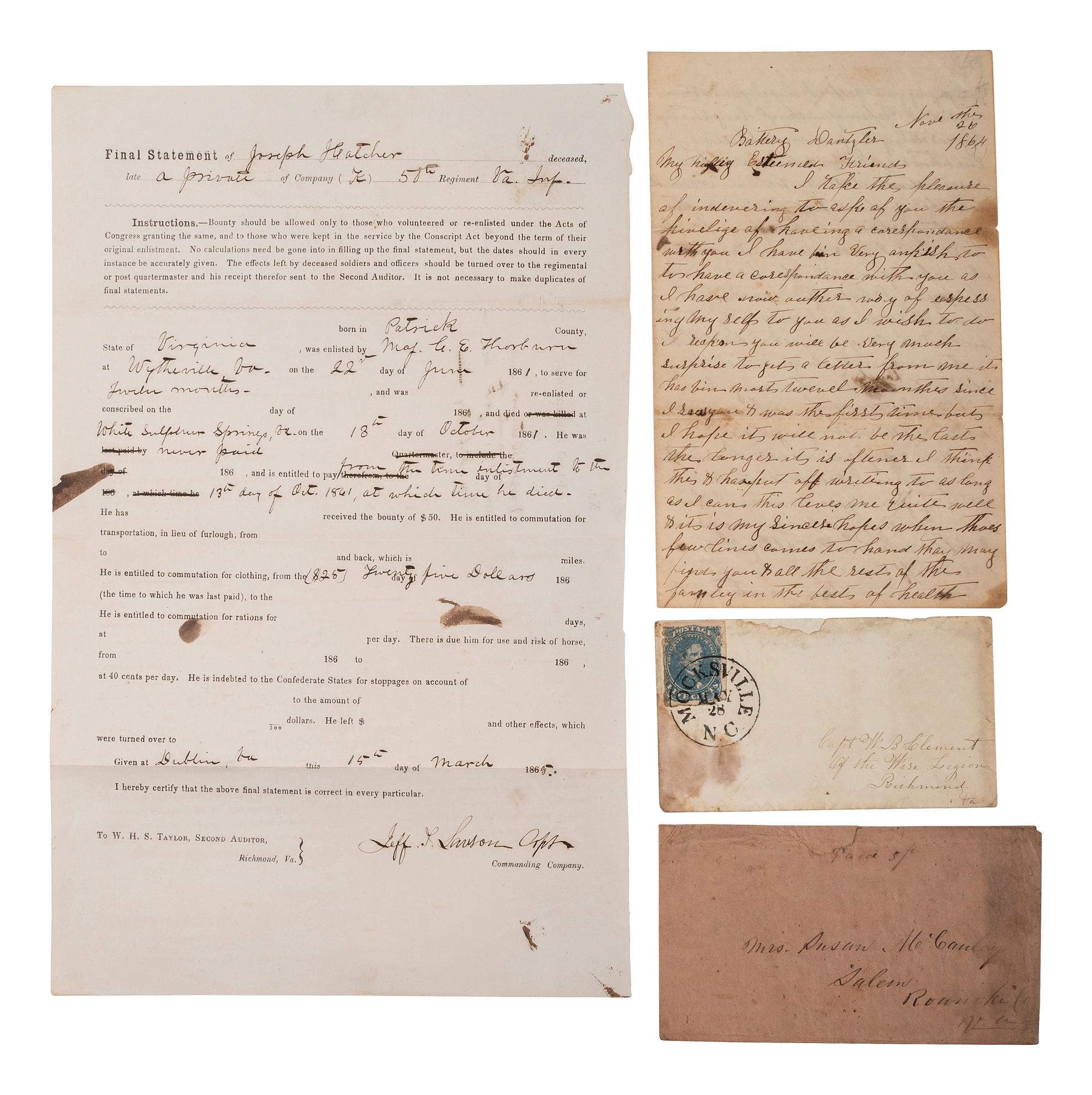[CIVIL WAR]. Virginia war-date documents and covers incl. Confederate parole from Ashby's Cavalry.